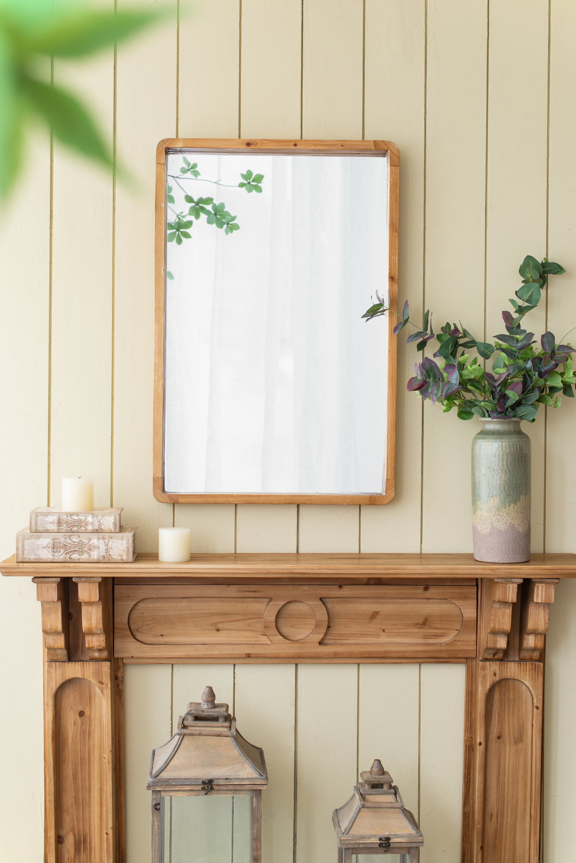 24"X36" Rectangle Wood Mirror, Farmhouse Wall Decor For Living Room Bedroom Entryway Brown Wood Glass