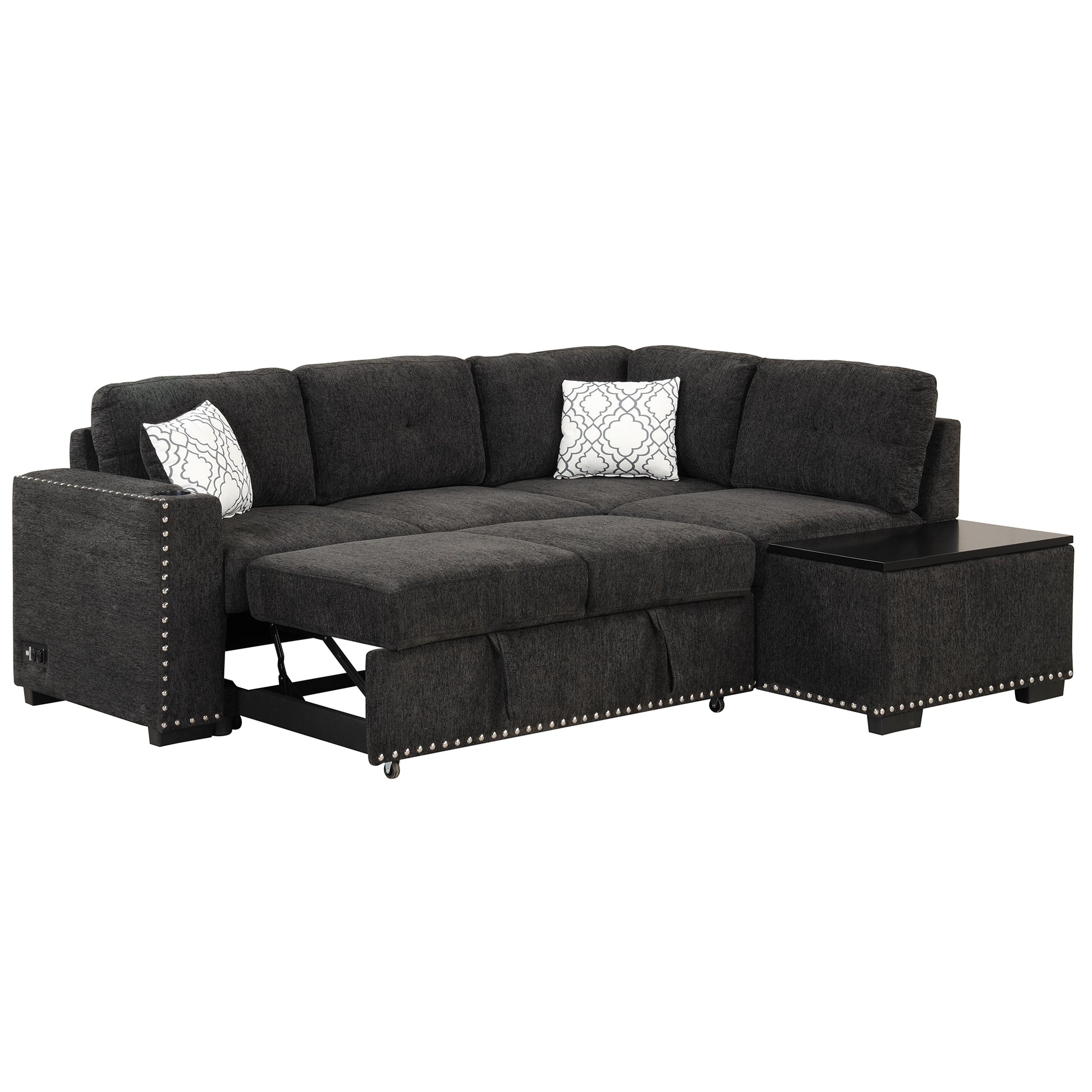 83.8" Sectional Pull Out Sofa Bed L Shaped Corner Sofa Couch With Storage Chaise, Usb Ports, Power Sockets, Cup Holder For Living Room, Bedroom, Study, Black Black Foam Chenille