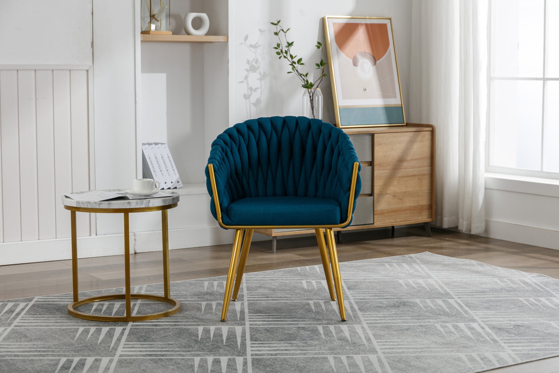 Handwoven Modern Chairs, Casual Chairs, Universal Foot Nails, Metal Chair Legs With Pillows Peacock Blue Navy Green Primary Living Space Linen