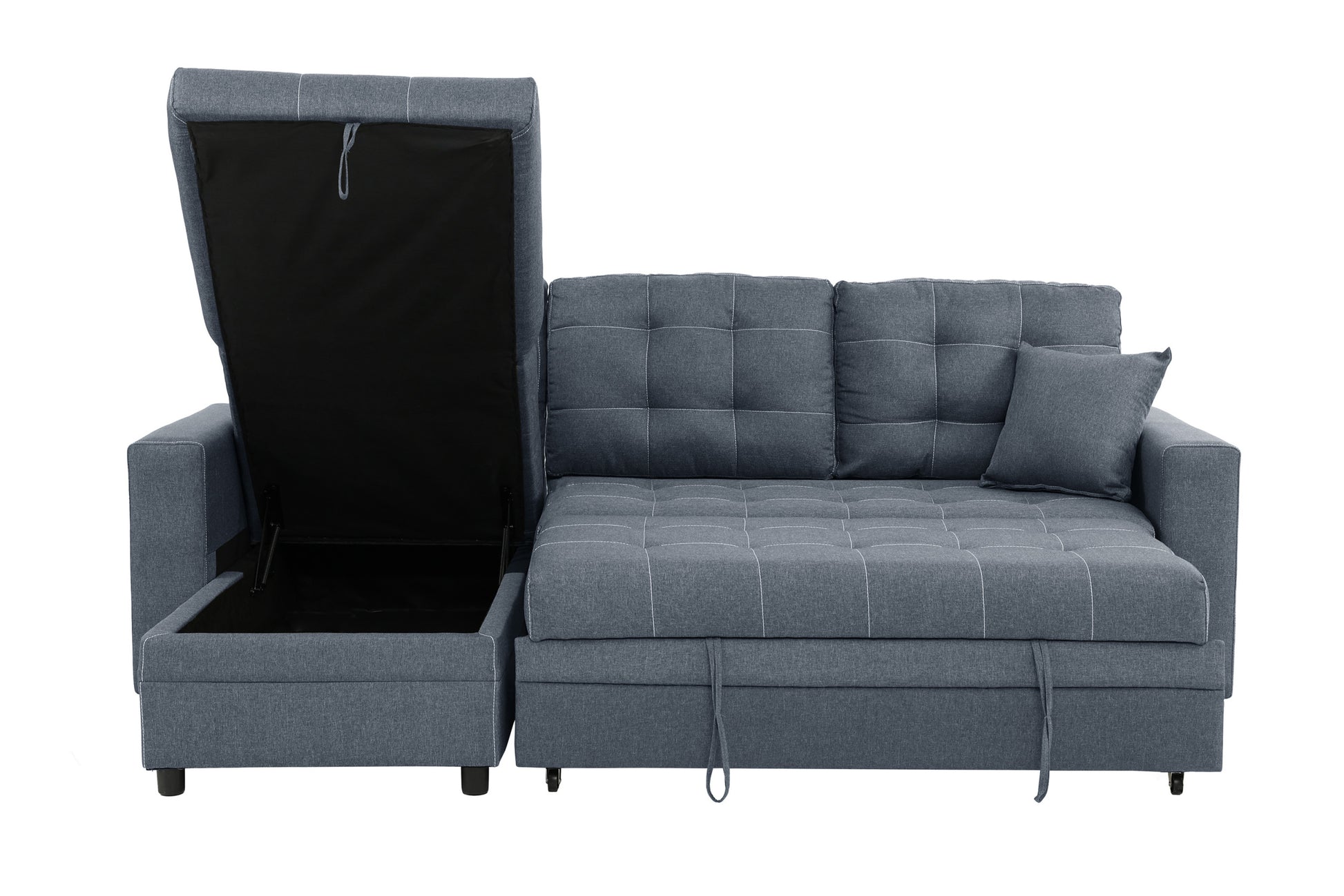 Sectional In Black Faux Leather Blue Grey Fabric