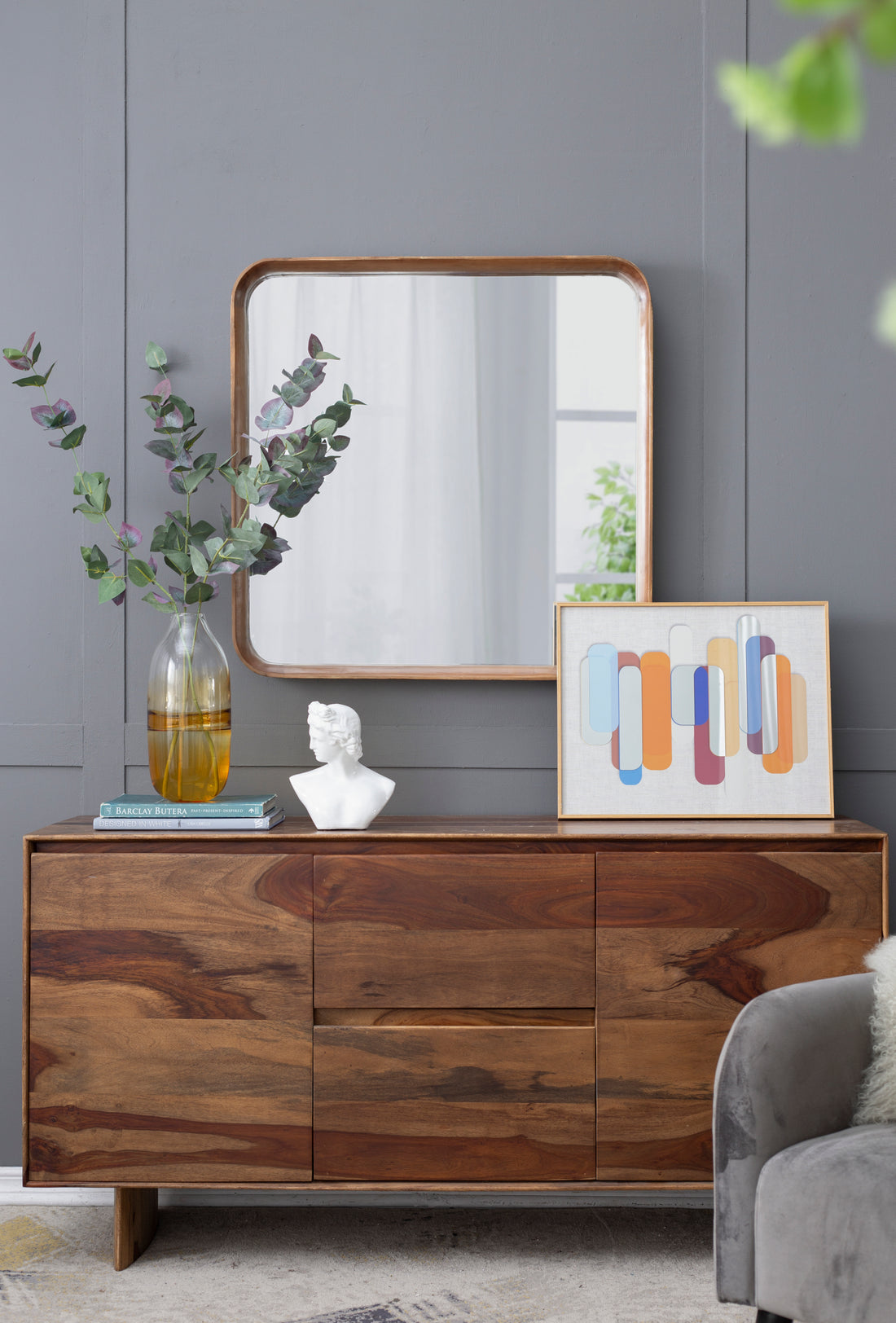 32"X32" Square Mirror With Wood Frame, Wall Mirror For Living Room Bathroom Entryway Brown Wood Glass