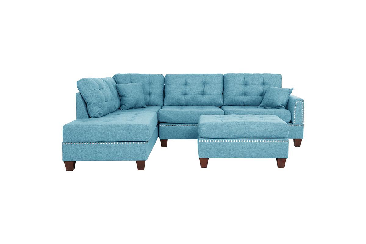 Modern Blue Color 3Pcs Sectional Living Room Furniture Reversible Chaise Sofa And Ottoman Tufted Polyfiber Linen Like Fabric Cushion Couch Pillows Blue Primary Living Space Tufted Back Contemporary,Modern L Shaped Square Arms Plywood 5 Seat