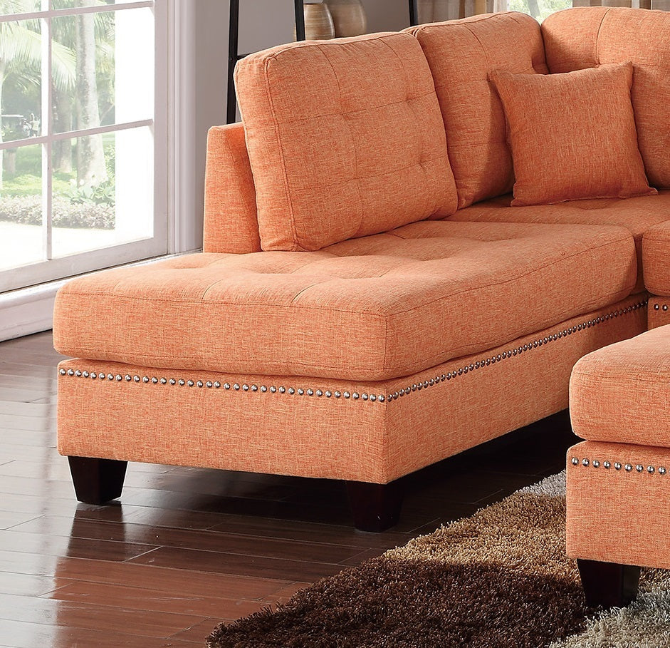 Modern Citrus Color 3Pcs Sectional Living Room Furniture Reversible Chaise Sofa And Ottoman Tufted Polyfiber Linen Like Fabric Cushion Couch Pillows Orange Primary Living Space Tufted Back Contemporary,Modern L Shaped Square Arms Plywood 5 Seat