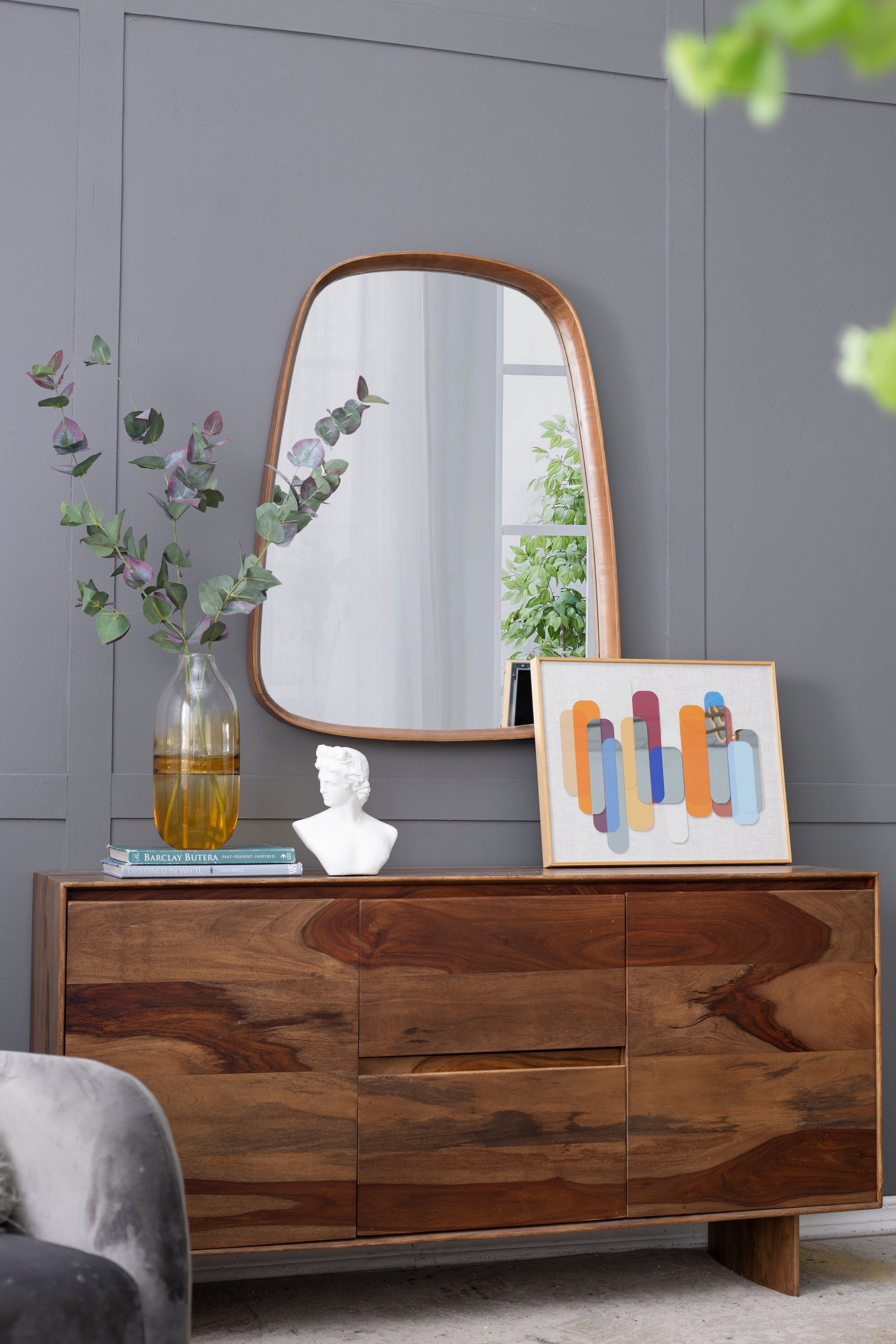 27"X37" Irrgeular Mirror With Wood Frame, Wall Mirror For Living Room Bathroom Entryway Brown Wood Glass