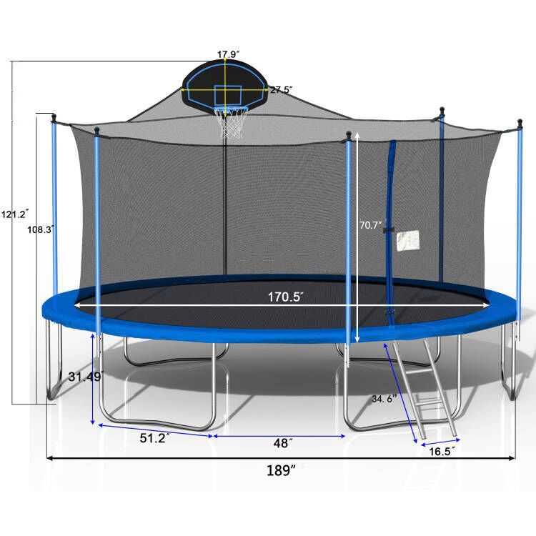 16Ft Trampoline For Adults & Kids With Basketball Hoop, Outdoor Trampolines W Ladder And Safety Enclosure Net For Kids And Adults Blue Metal