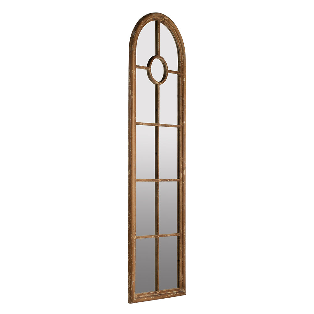 24X79" Half Round Elongated Mirror With Decorative Window Look Classic Architecture Style Solid Fir Wood Interior Decor Brown Wood Glass