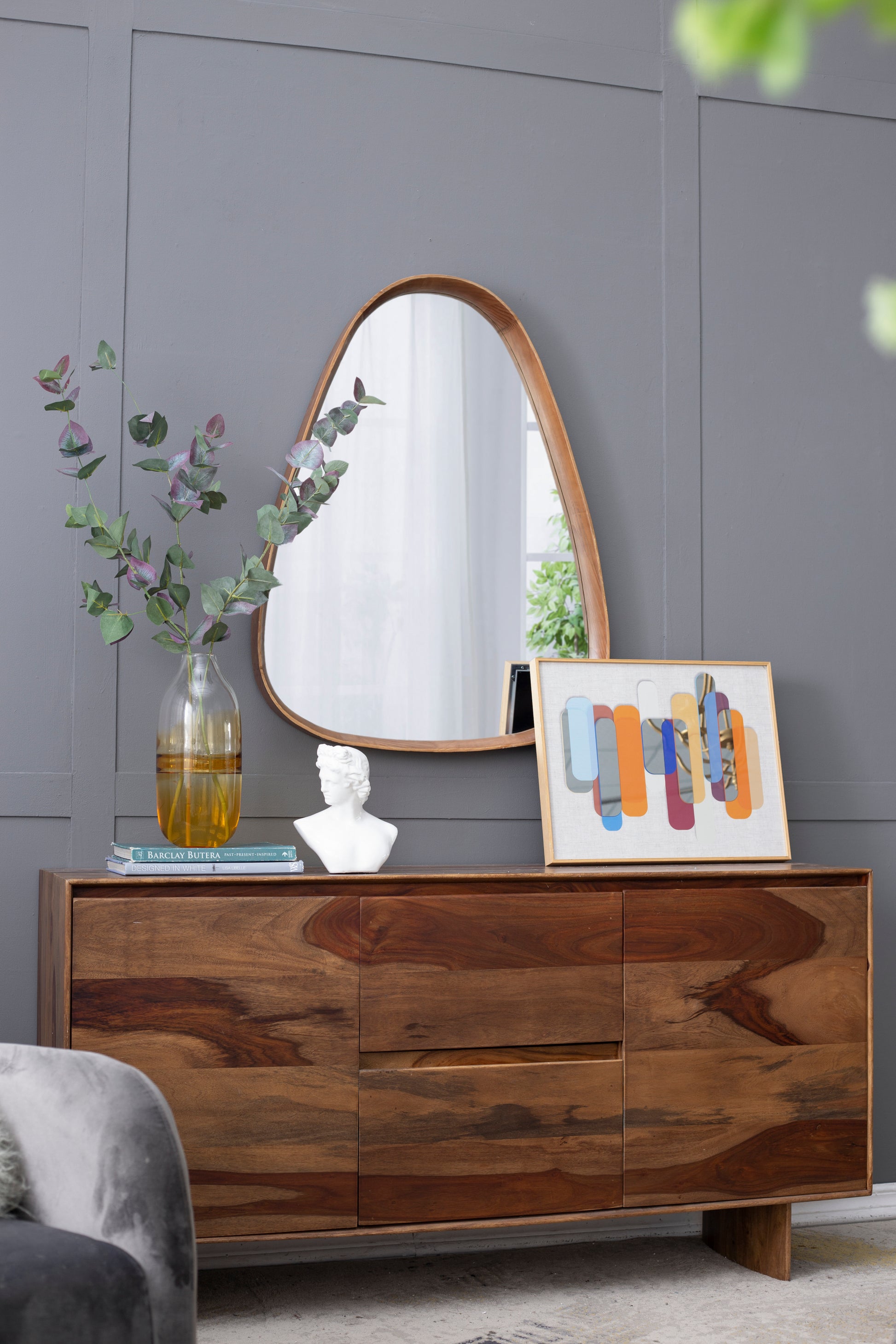 30"X38" Irrgeular Mirror With Wood Frame, Wall Mirror For Living Room Bathroom Entryway Brown Wood Glass