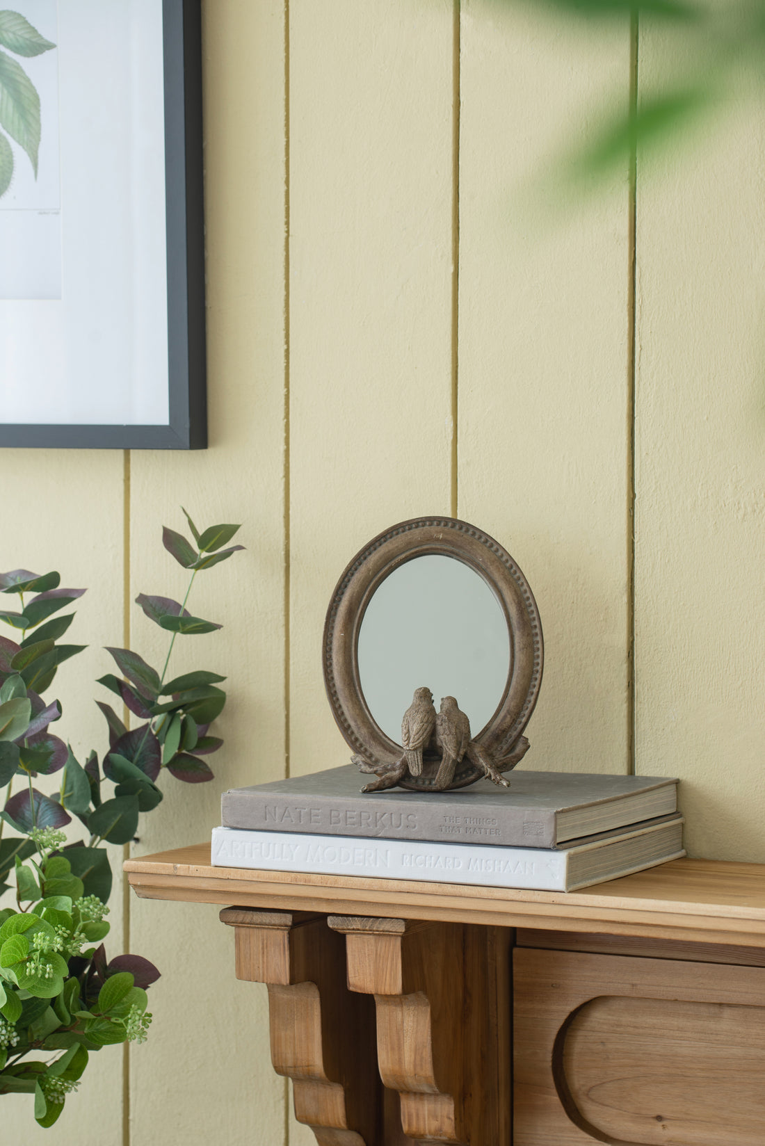 7.5X9.5" Corella Oval Bird Mirror With Resin Frame, Desk Mirror With Stand For Counter Bedroom Bathroom Brown Resin