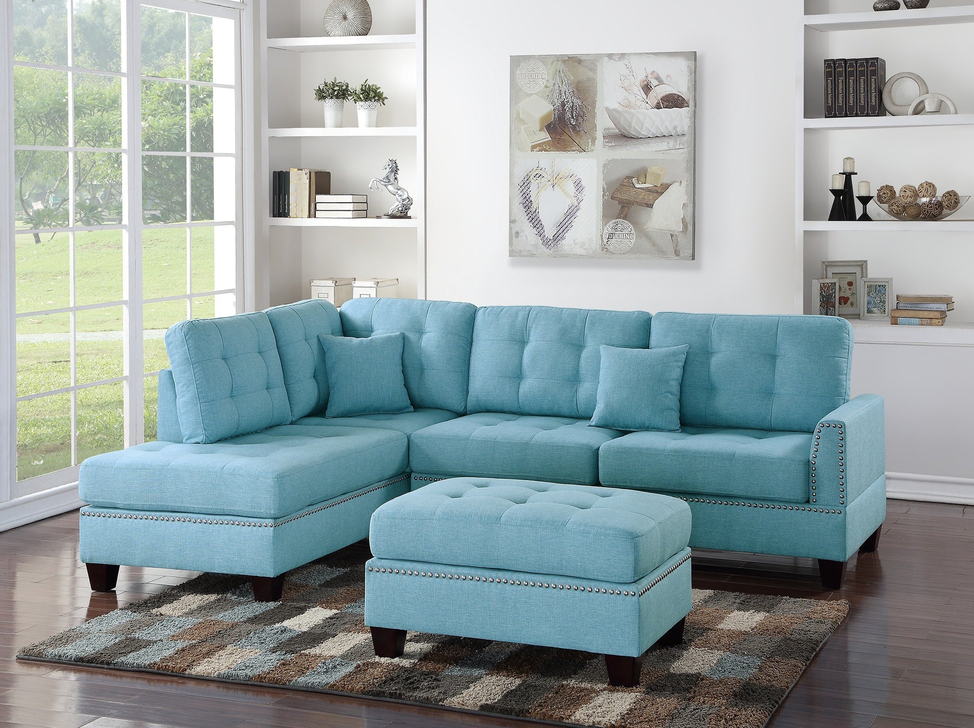 Modern Blue Color 3Pcs Sectional Living Room Furniture Reversible Chaise Sofa And Ottoman Tufted Polyfiber Linen Like Fabric Cushion Couch Pillows Blue Primary Living Space Tufted Back Contemporary,Modern L Shaped Square Arms Plywood 5 Seat