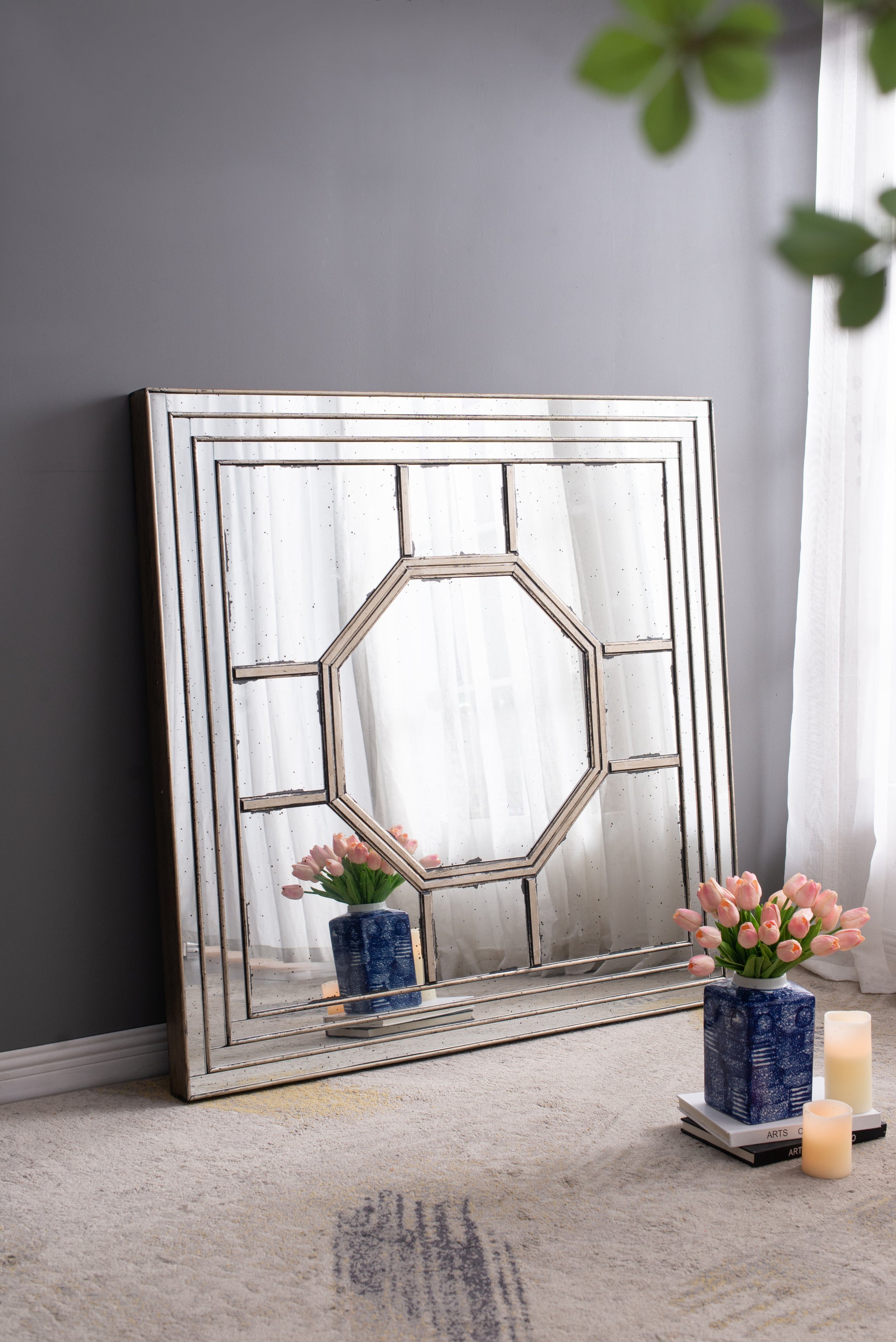 48"X48" Antique Style Decorative Square Wall Mirror With Mirrored Frame, Wall Decor For Living Room Entryway, Console Lean Against Wall Silver Mdf Glass