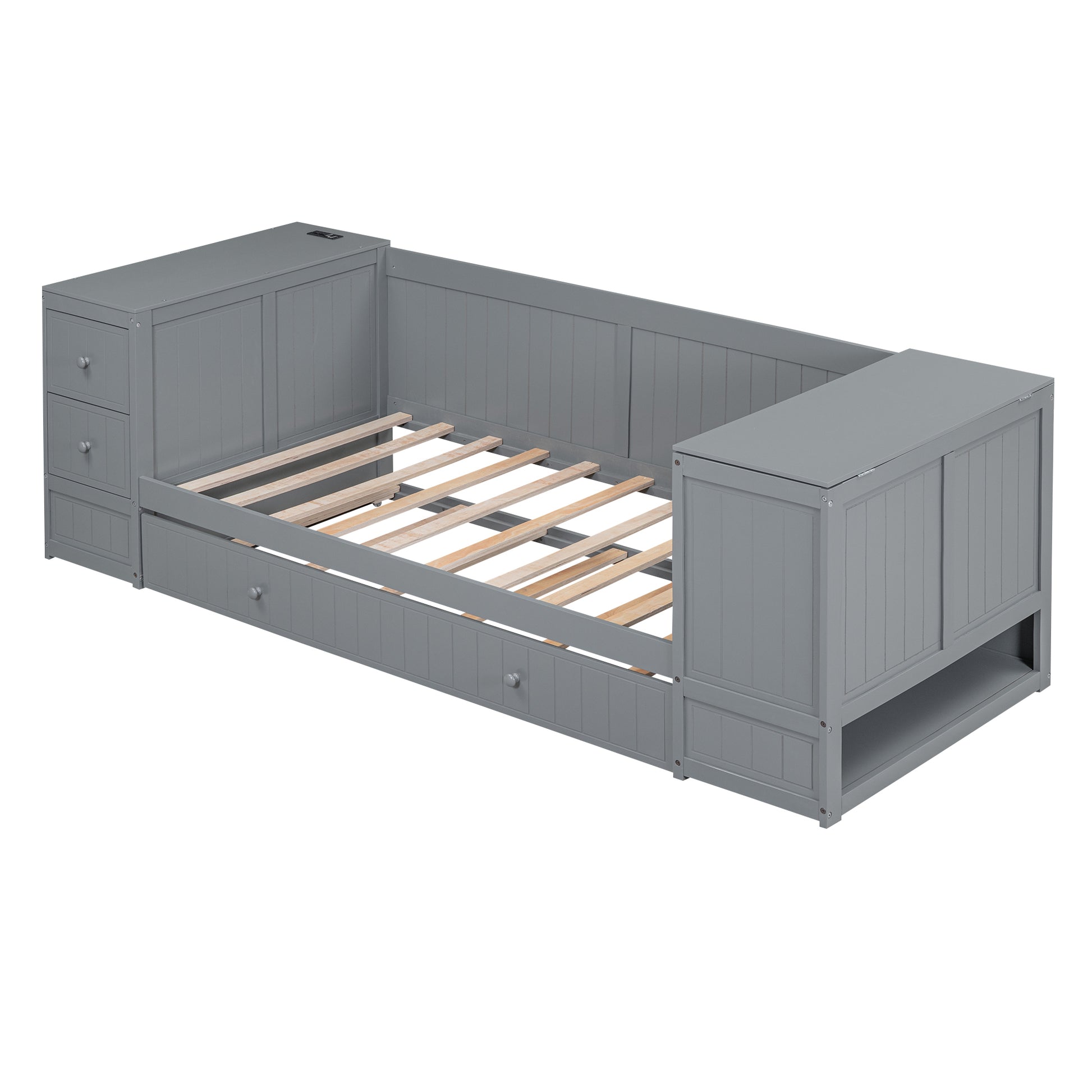 Twin Size Daybed With Storage Arms, Trundle And Charging Station, Gray Box Spring Not Required Twin Grey Wood Daybeds Solid Wood Mdf