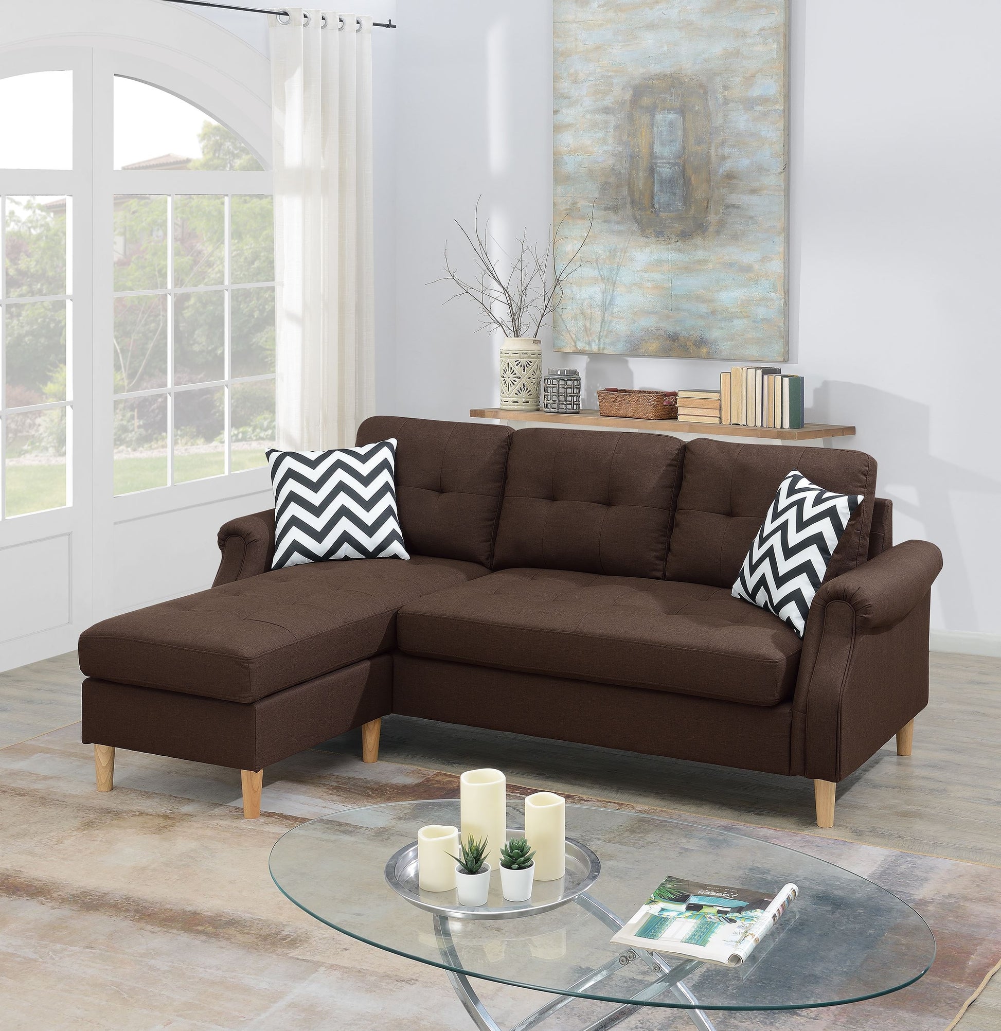 Sectional Sofa In Black Faux Leather Coffee Fabric