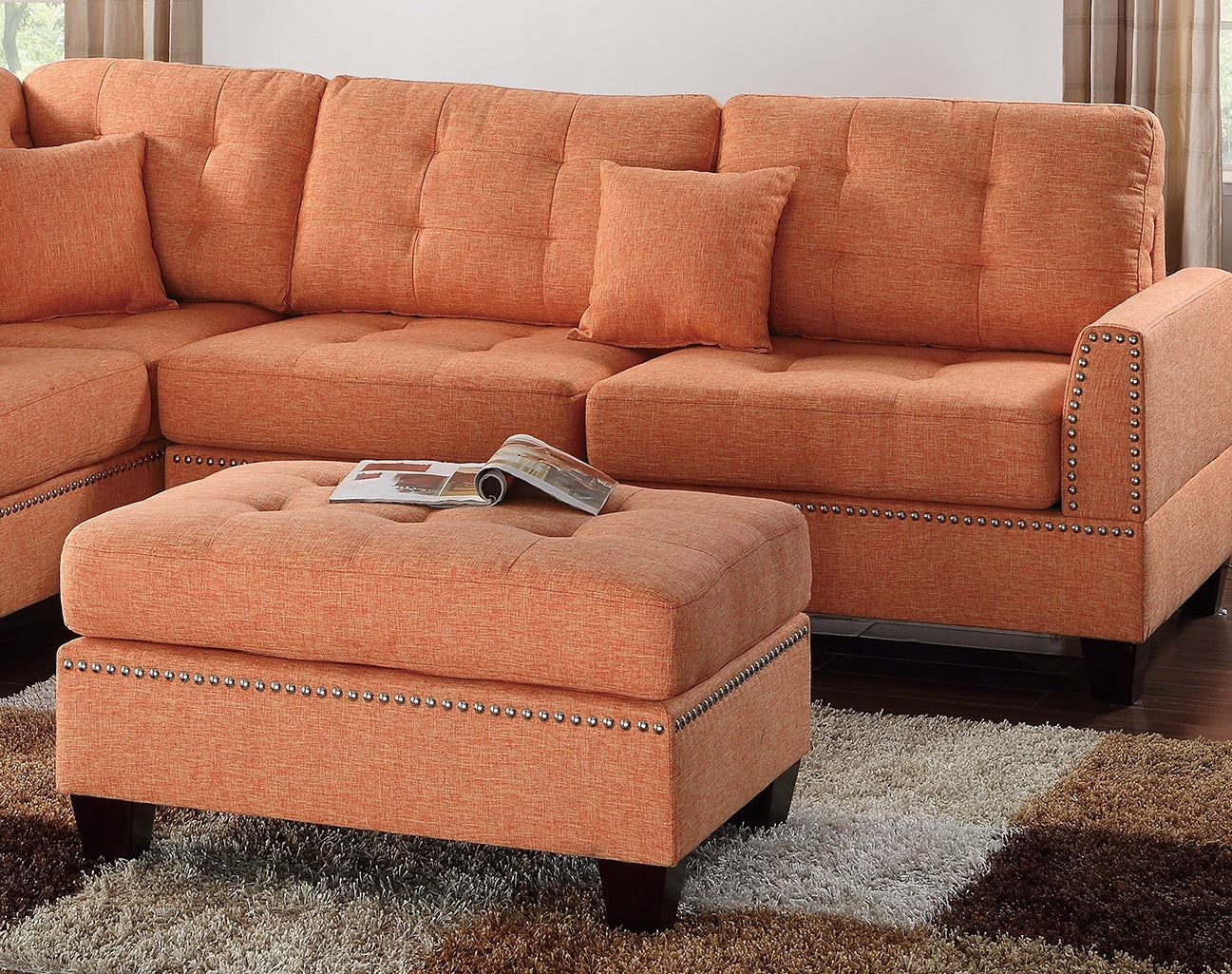 Modern Citrus Color 3Pcs Sectional Living Room Furniture Reversible Chaise Sofa And Ottoman Tufted Polyfiber Linen Like Fabric Cushion Couch Pillows Orange Primary Living Space Tufted Back Contemporary,Modern L Shaped Square Arms Plywood 5 Seat