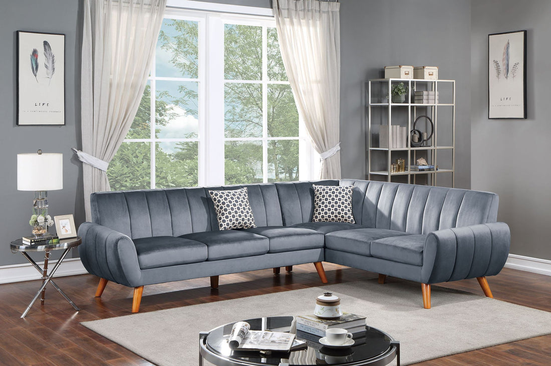 Sectional 2Pc In Black Faux Leather Dark Gray Velvet