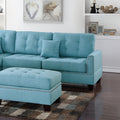 Modern Blue Color 3Pcs Sectional Living Room Furniture Reversible Chaise Sofa And Ottoman Tufted Polyfiber Linen Like Fabric Cushion Couch Pillows Blue Primary Living Space Tufted Back Contemporary,Modern L Shaped Square Arms Plywood 5 Seat