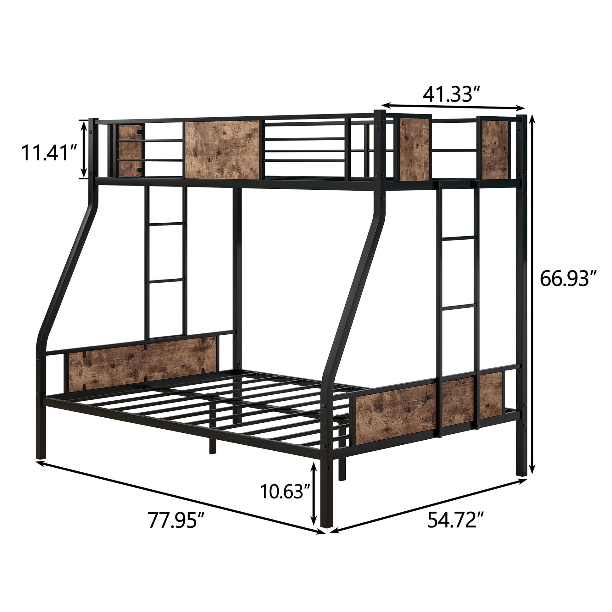 Twin Over Full Metal Bunk Bed, Heavy Duty Metal Bed Frame With Safety Rail2 Side Ladders & Decorative Wood ,No Box Spring Needed Twin Box Spring Not Required Black Metal Bedroom Bunk Metal