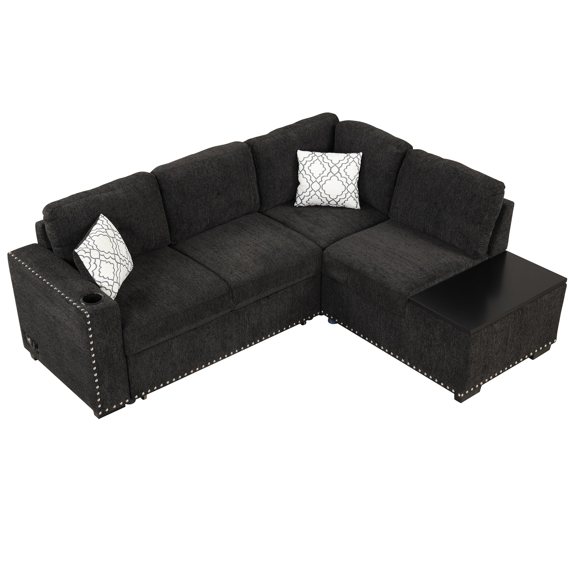 83.8" Sectional Pull Out Sofa Bed L Shaped Corner Sofa Couch With Storage Chaise, Usb Ports, Power Sockets, Cup Holder For Living Room, Bedroom, Study, Black Black Foam Chenille