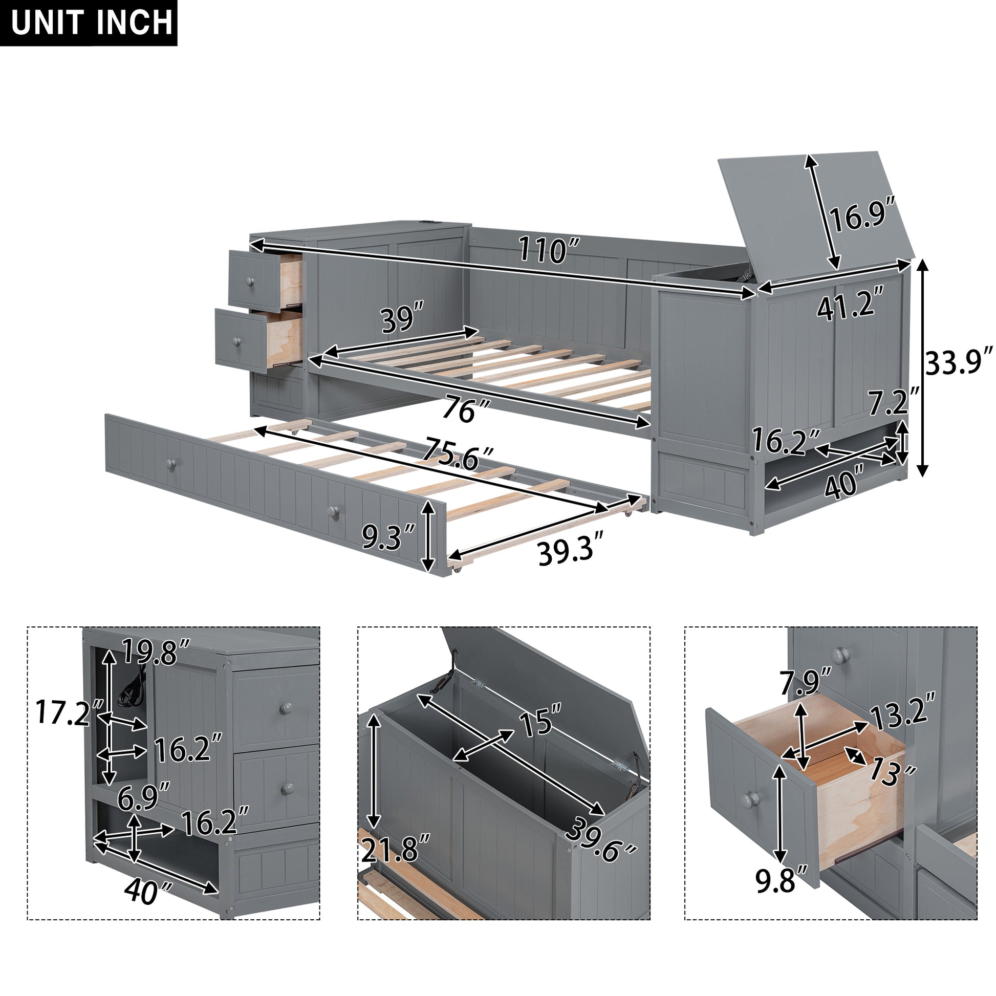 Twin Size Daybed With Storage Arms, Trundle And Charging Station, Gray Box Spring Not Required Twin Grey Wood Daybeds Solid Wood Mdf