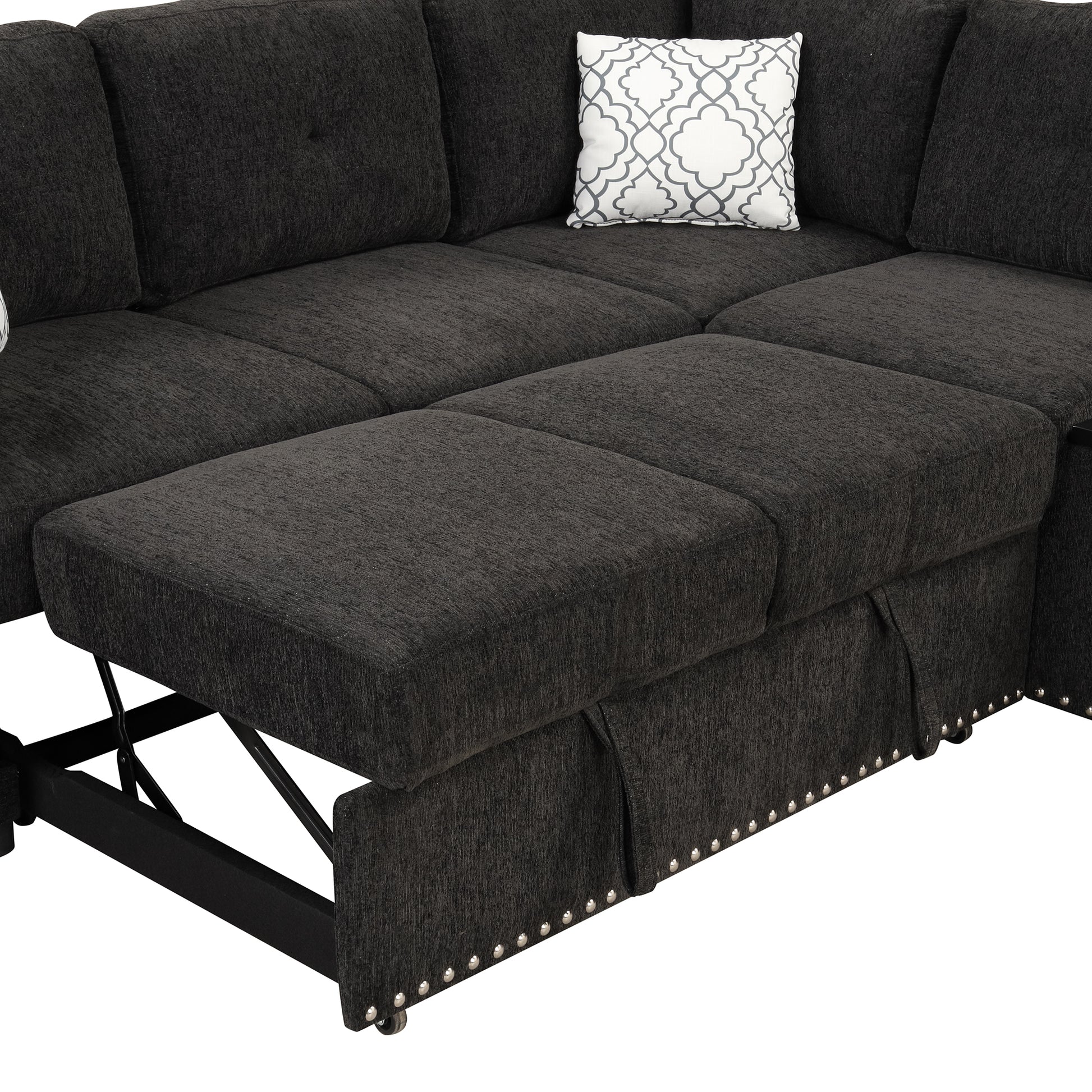 83.8" Sectional Pull Out Sofa Bed L Shaped Corner Sofa Couch With Storage Chaise, Usb Ports, Power Sockets, Cup Holder For Living Room, Bedroom, Study, Black Black Foam Chenille