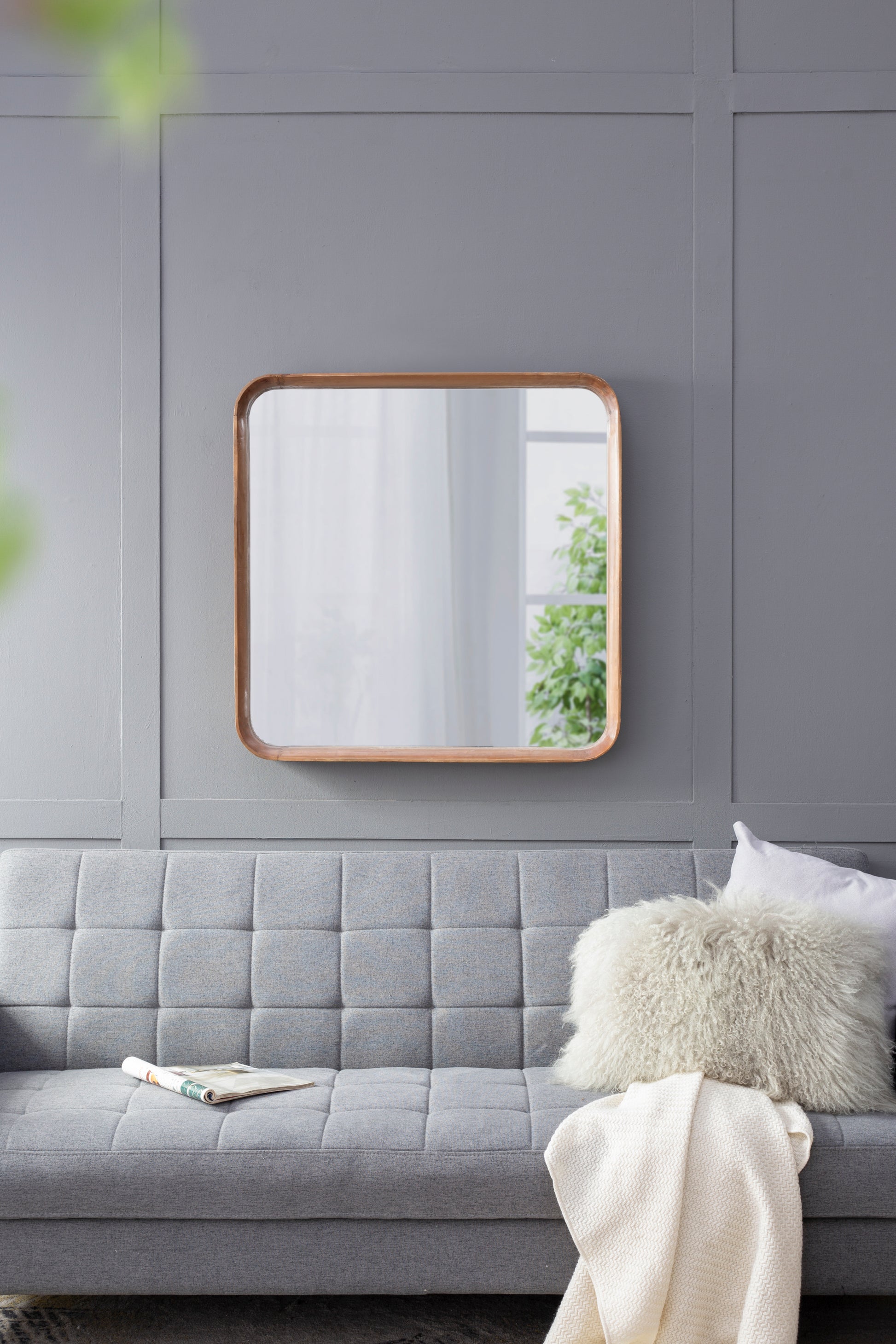 32"X32" Square Mirror With Wood Frame, Wall Mirror For Living Room Bathroom Entryway Brown Wood Glass