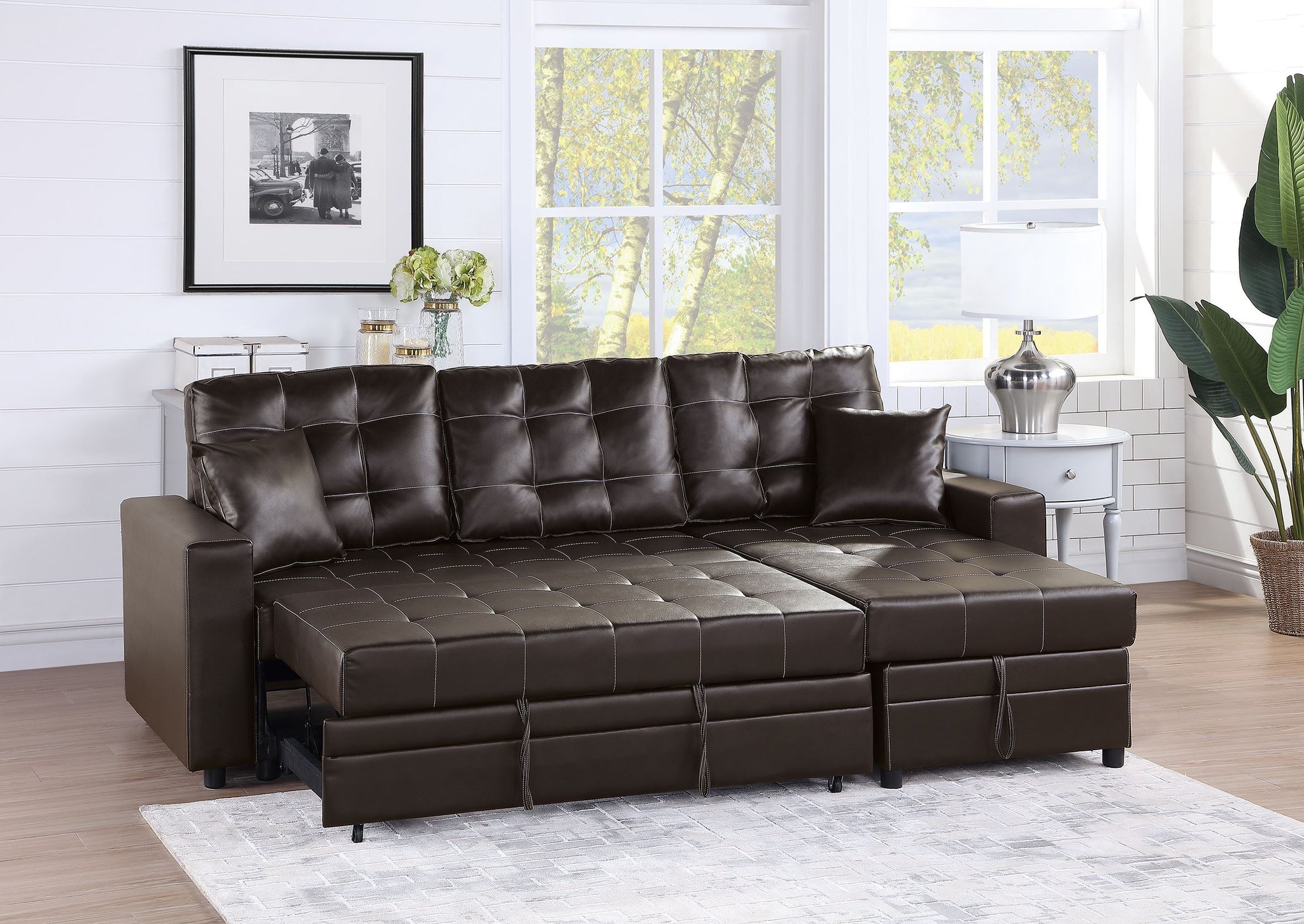 Sectional In Black Faux Leather Espresso Faux Leather