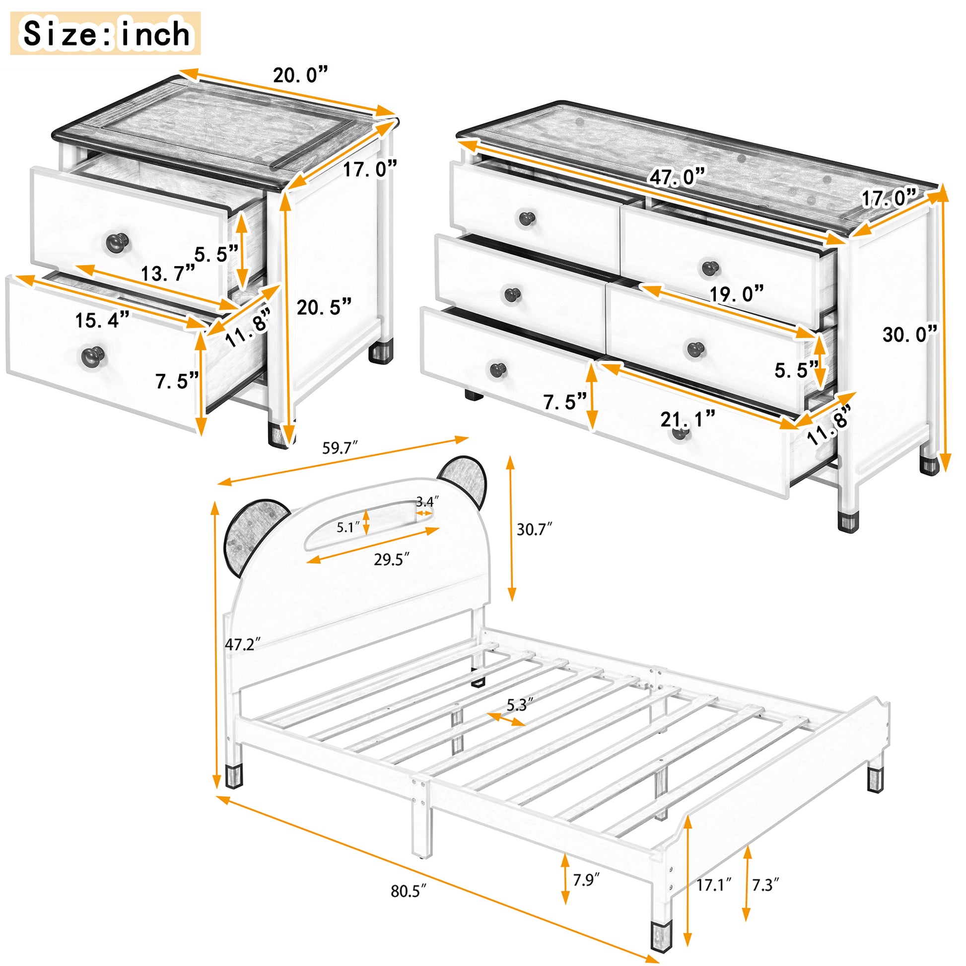 3 Pieces Bedroom Sets Full Size Bear Shape Platform Bed With Nightstand And Storage Dresser,Cream Walnut Cream Wood