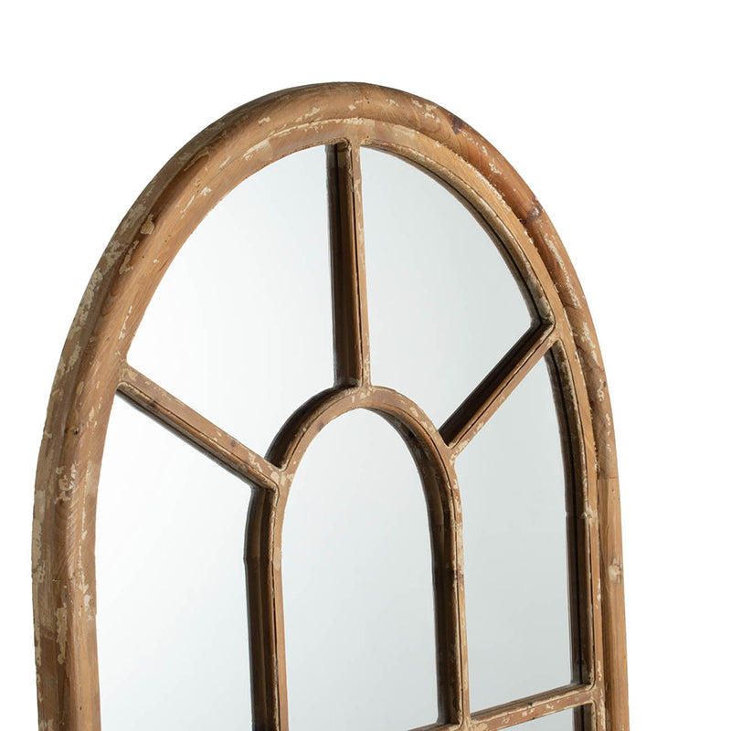24X79" Half Round Elongated Mirror With Decorative Window Look Classic Architecture Style Solid Fir Wood Interior Decor Brown Wood Glass