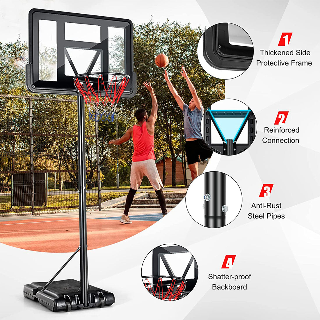 Portable Basketball Hoop Outdoor, 4.25Ft 10Ft Height Adjustable Basketball Goal, Shatterproof Backboard, Built In Wheels, Basketball Stand Black Metal