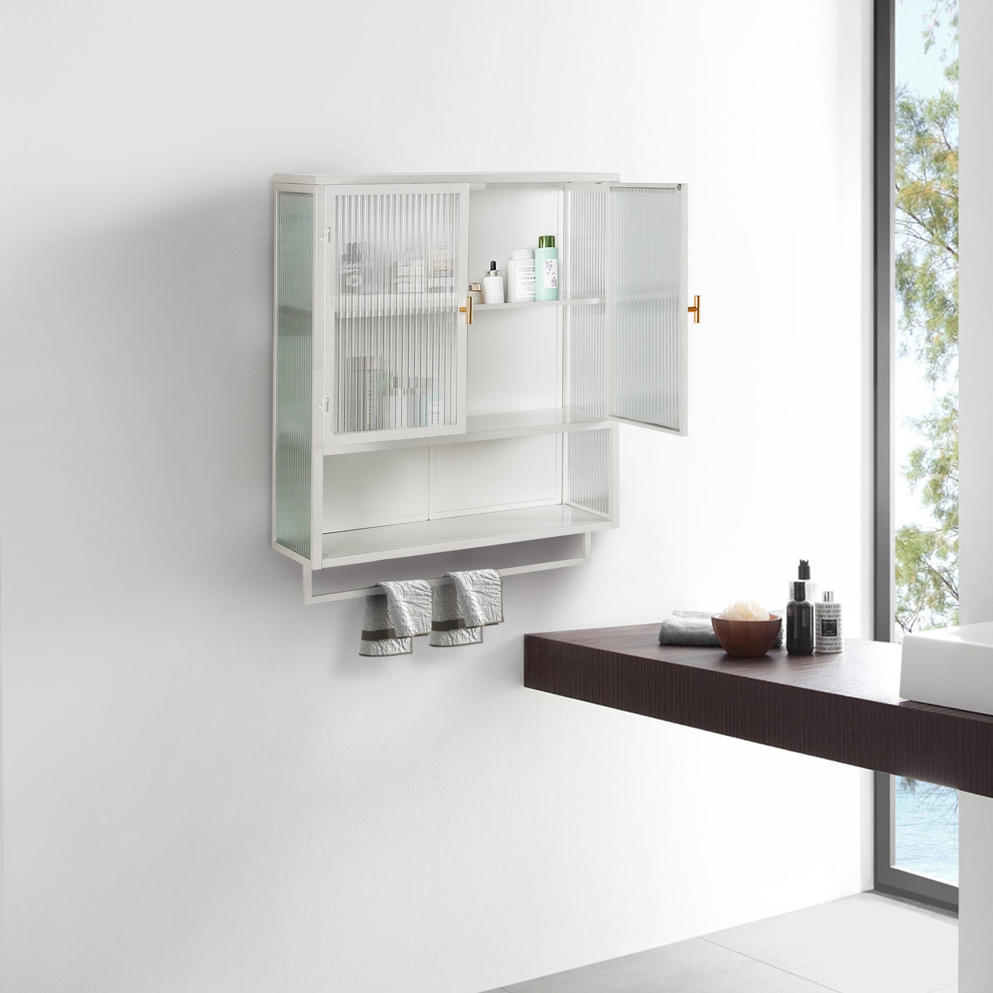 23.62"Glass Doors Modern Two Door Wall Cabinet With Featuring Two Tier Enclosed Storage, An Open Shelf, And Towel Rack, For Entryway Living Room Bathroom Dining Room White Metal