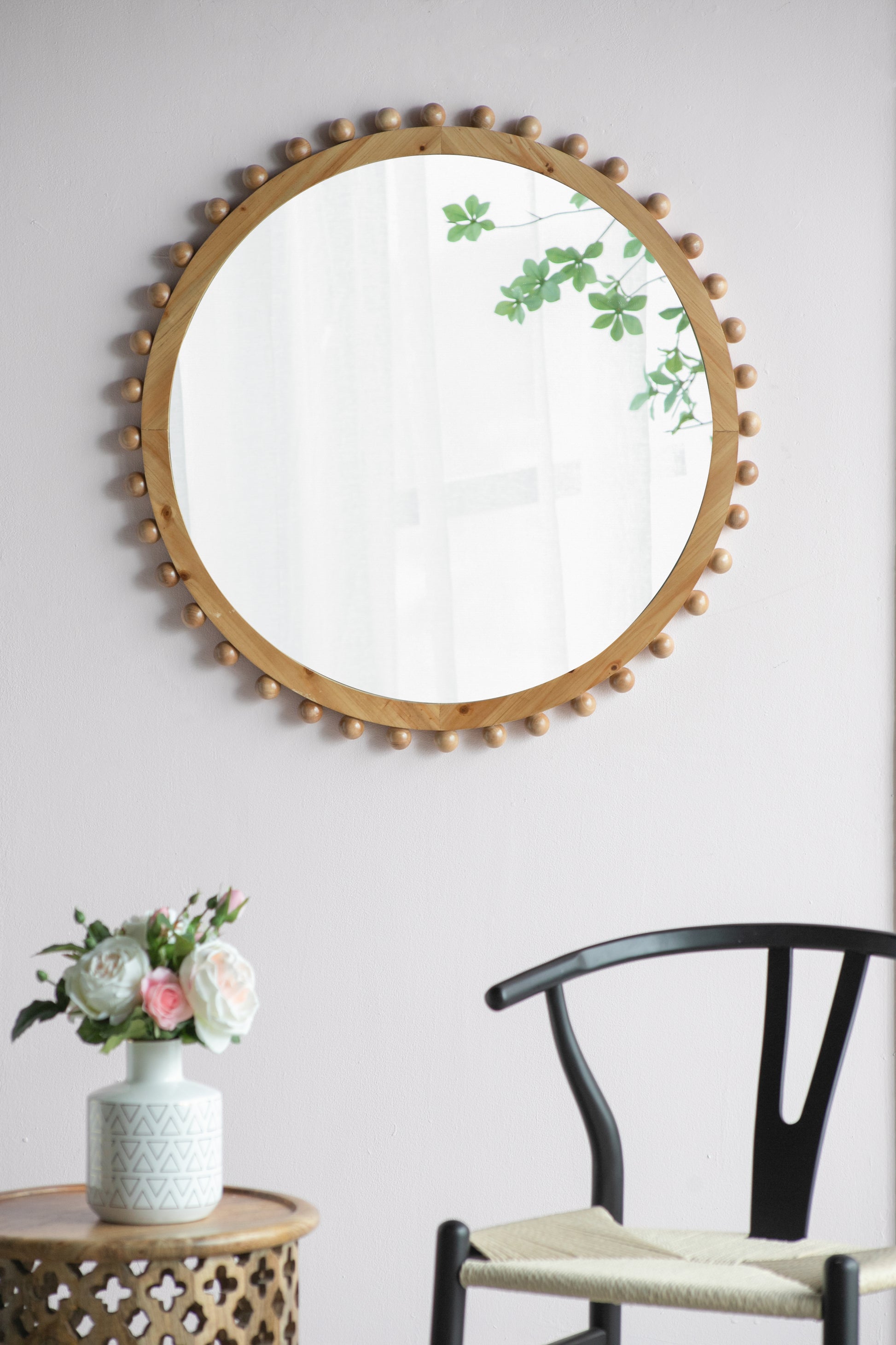 D34" Wood Round Mirror With Beaded Frame, Circle Wall Mirror For Living Room Bedroom Entryway Brown Wood Glass