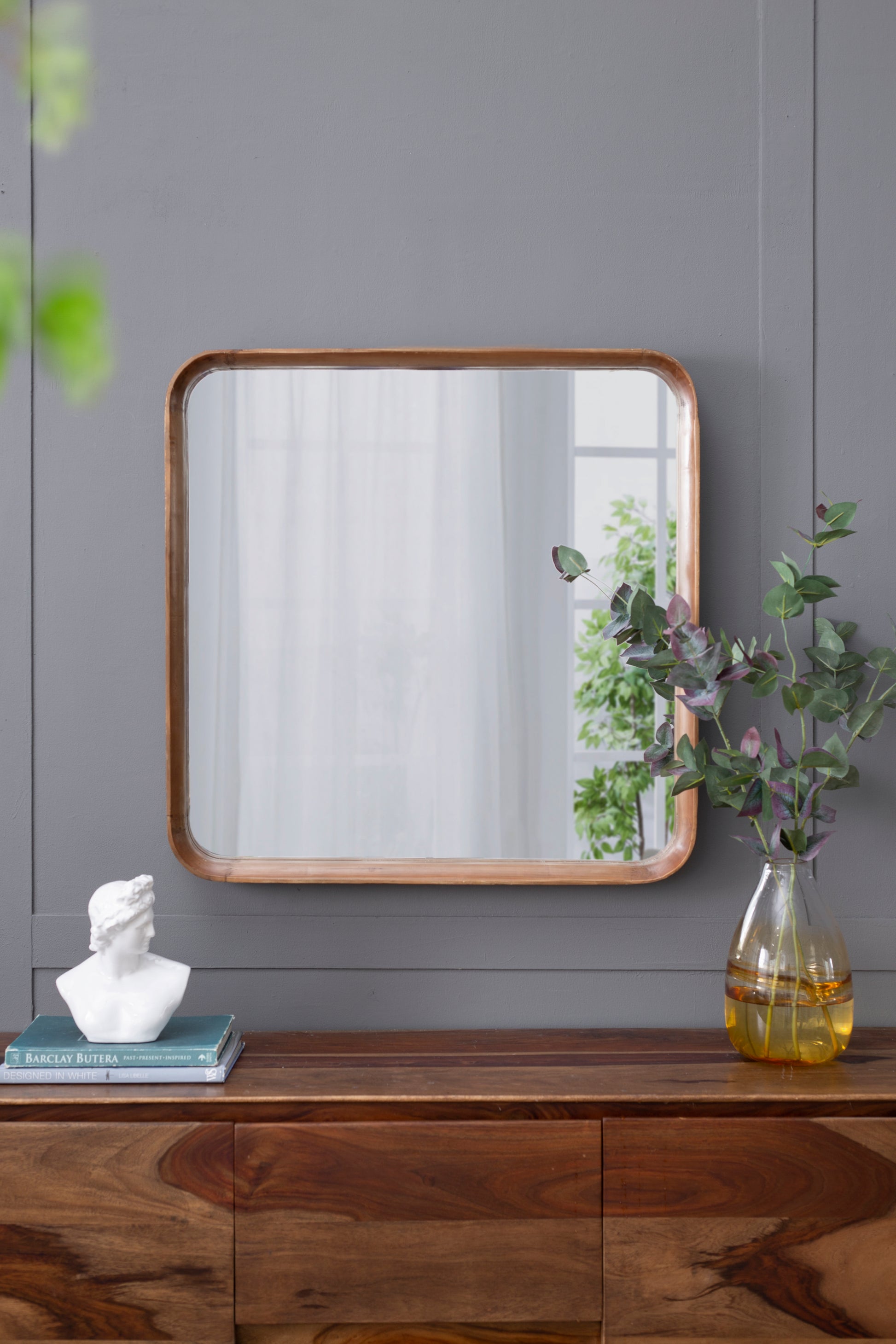 32"X32" Square Mirror With Wood Frame, Wall Mirror For Living Room Bathroom Entryway Brown Wood Glass