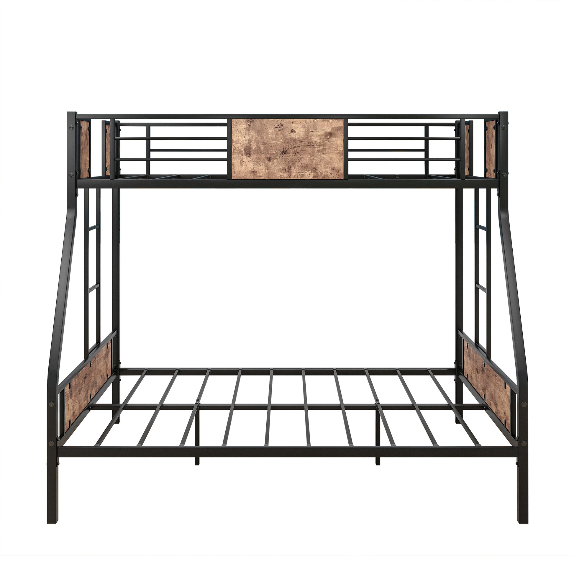 Twin Over Full Metal Bunk Bed, Heavy Duty Metal Bed Frame With Safety Rail2 Side Ladders & Decorative Wood ,No Box Spring Needed Twin Box Spring Not Required Black Metal Bedroom Bunk Metal