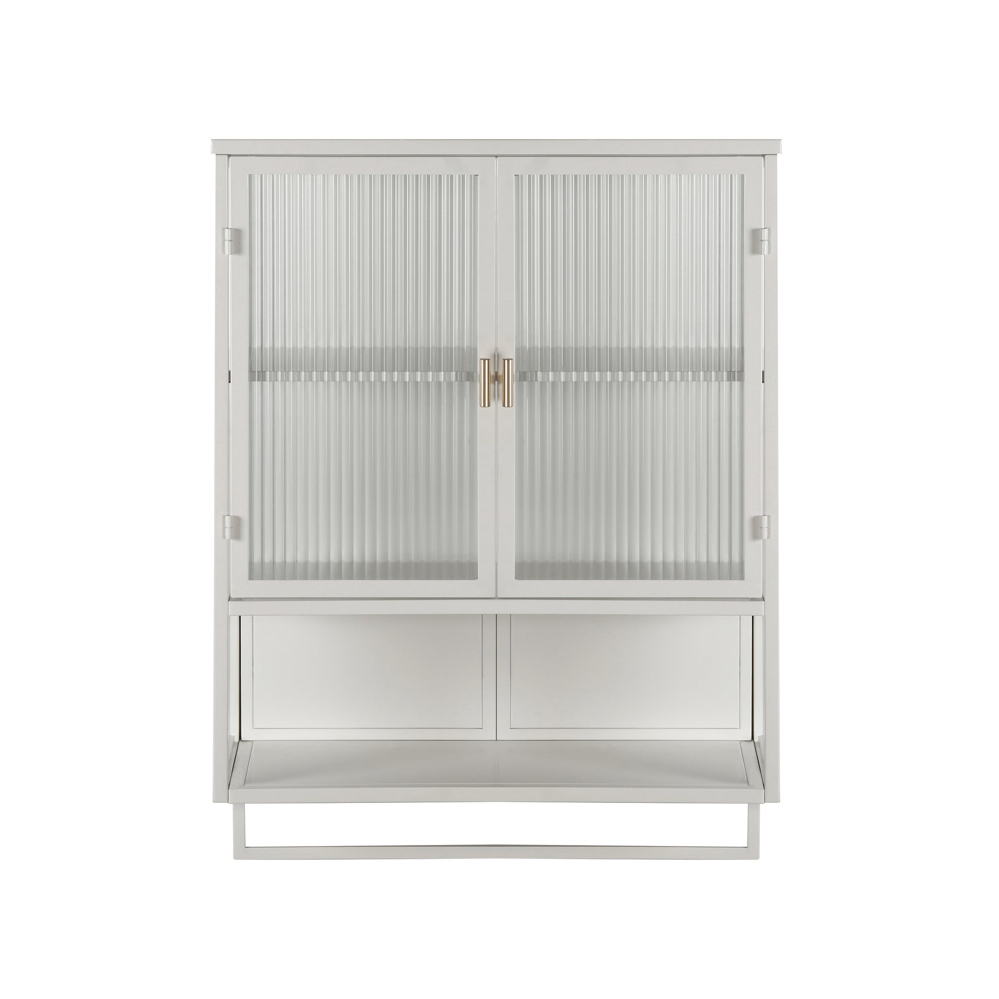 23.62"Glass Doors Modern Two Door Wall Cabinet With Featuring Two Tier Enclosed Storage, An Open Shelf, And Towel Rack, For Entryway Living Room Bathroom Dining Room White Metal