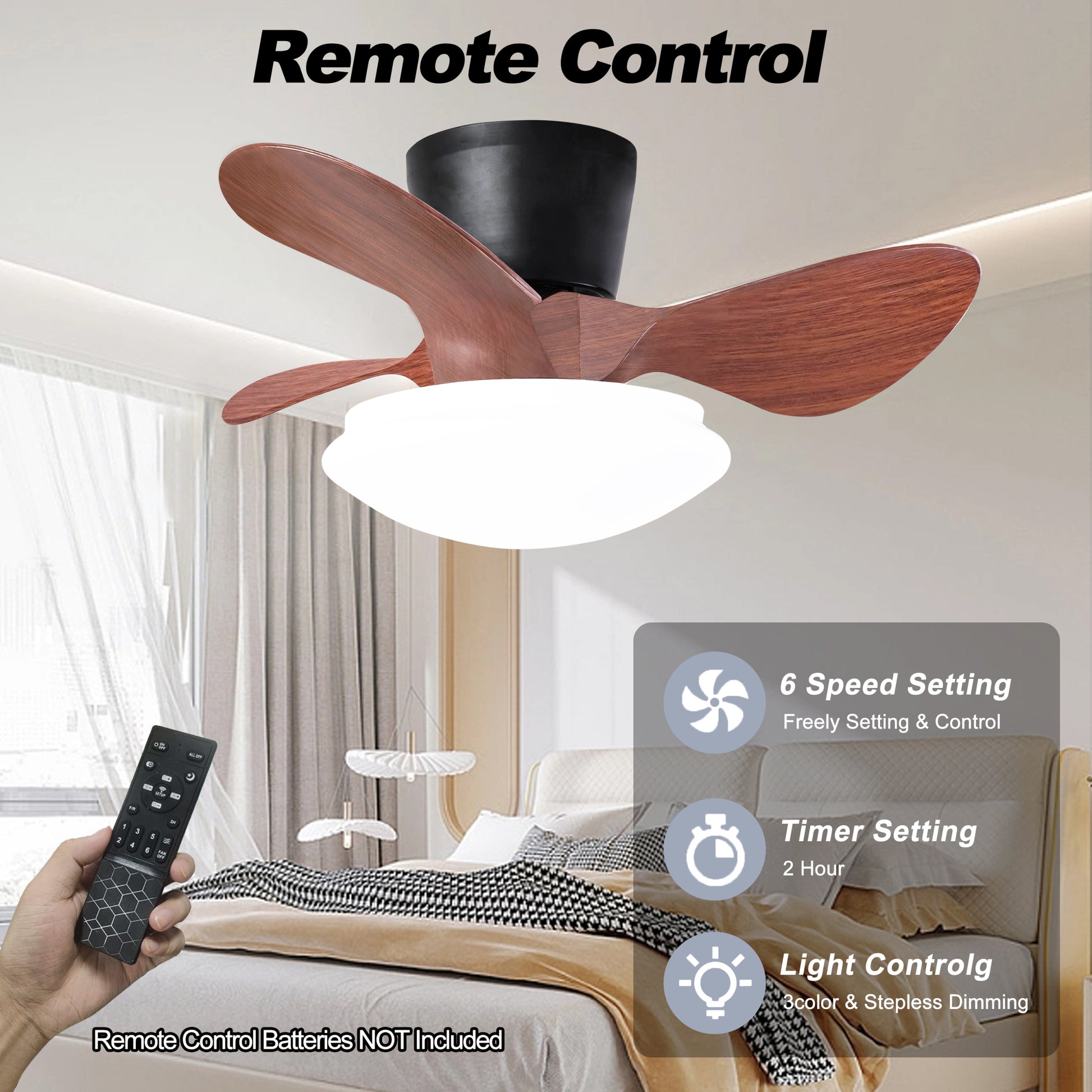 24'' Walnut Small Ceiling Fan With Lights And Remote Led 18W Modern Flush Mount Ceiling Fan Adjustable Color,Dc Quiet Motor Low Profile Ceiling Fan For Bedroom Kitchen Dining Patio,Fcc Walnut Black Abs Steel Q235