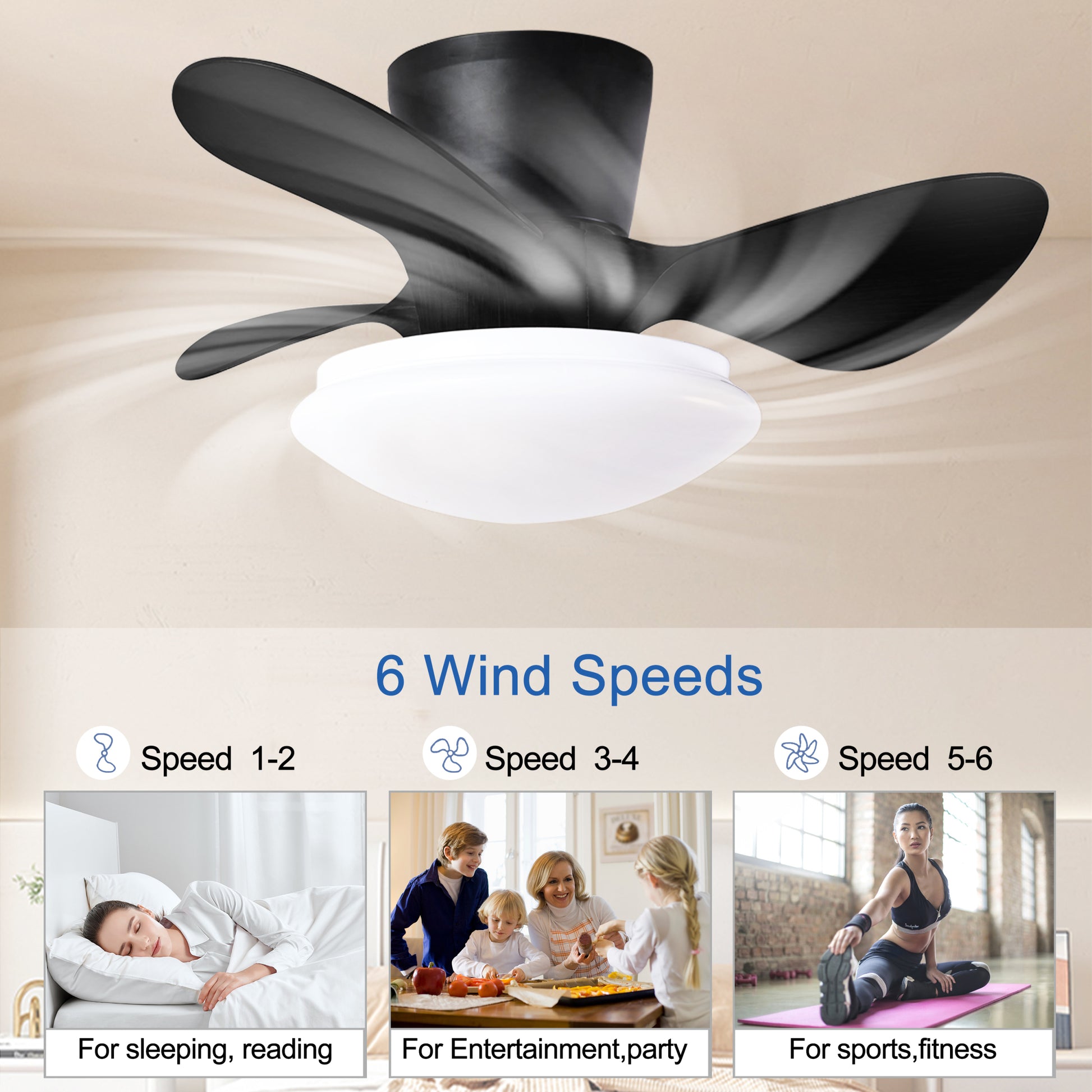 24" Modern Ceiling Fan With Light And Remote,Low Profile Flush Mount Ceiling Fans Indoor,Small Fandelier Ceiling Fans With Dimmable Led Light Fixture For Bedroom Kitchen Black Matt Black Abs Steel Q235