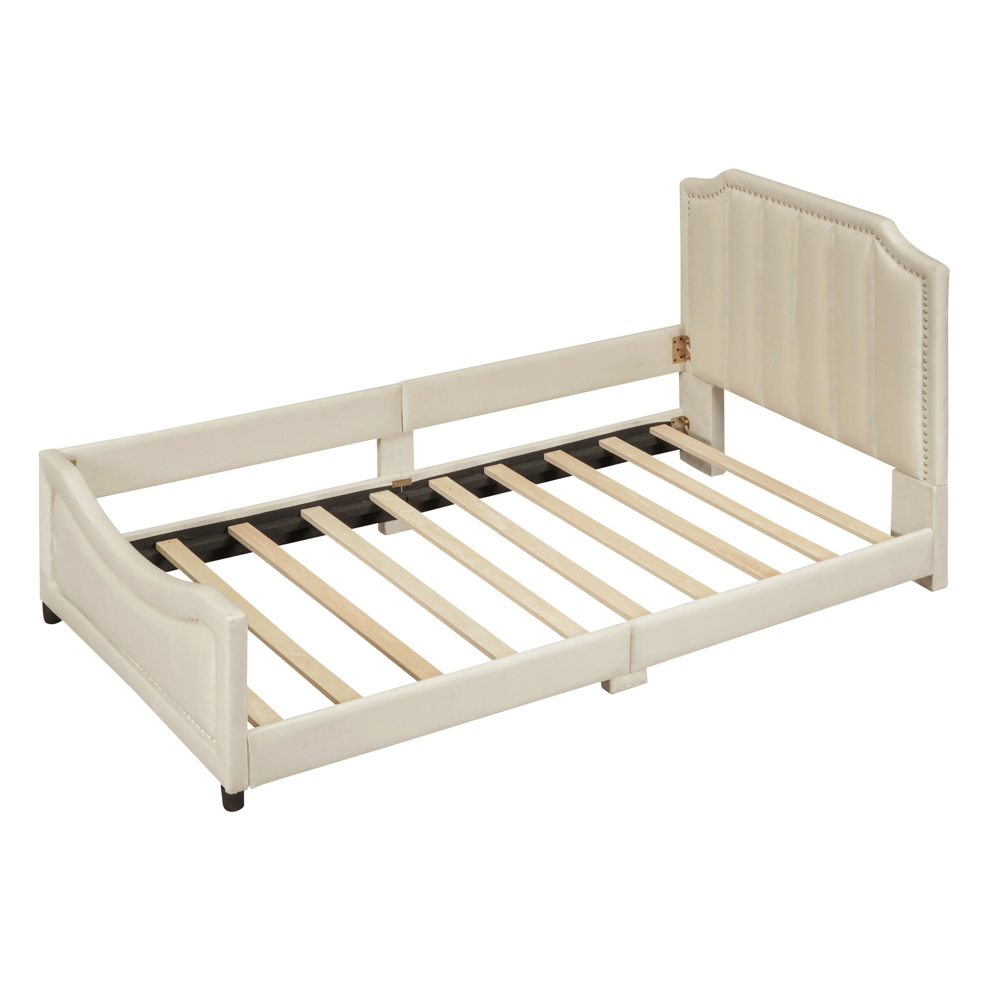 Twin Size Upholstered Daybed With Classic Stripe Shaped Headboard, Beige Beige Velvet