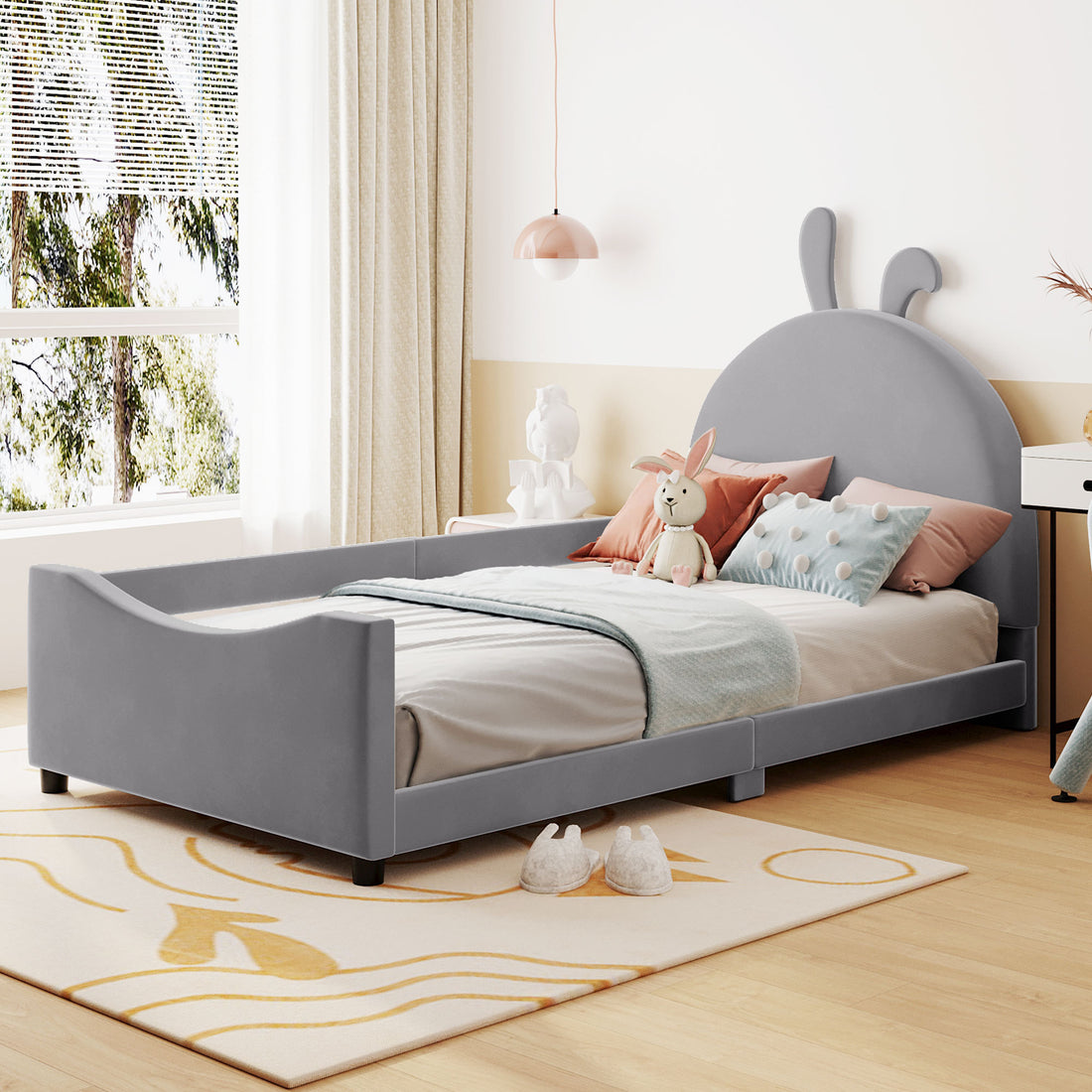 Twin Size Upholstered Daybed With Rabbit Ear Shaped Headboard, Gray Gray Velvet