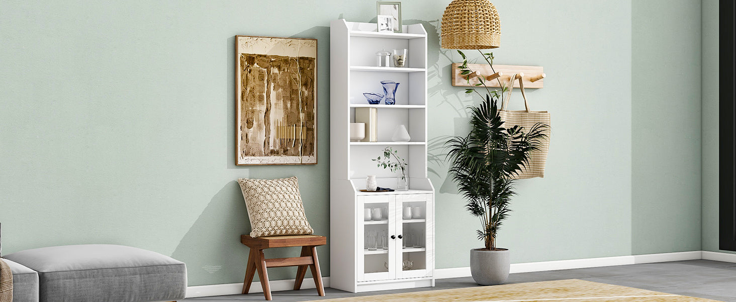 Elegant Tall Cabinet With Acrylic Board Door, Versatile Sideboard With Graceful Curves, Contemporary Bookshelf With Adjustable Shelves For Living Room, White Freestanding 5 Or More Shelves White Primary Living Space Open Storage Space Particle Board