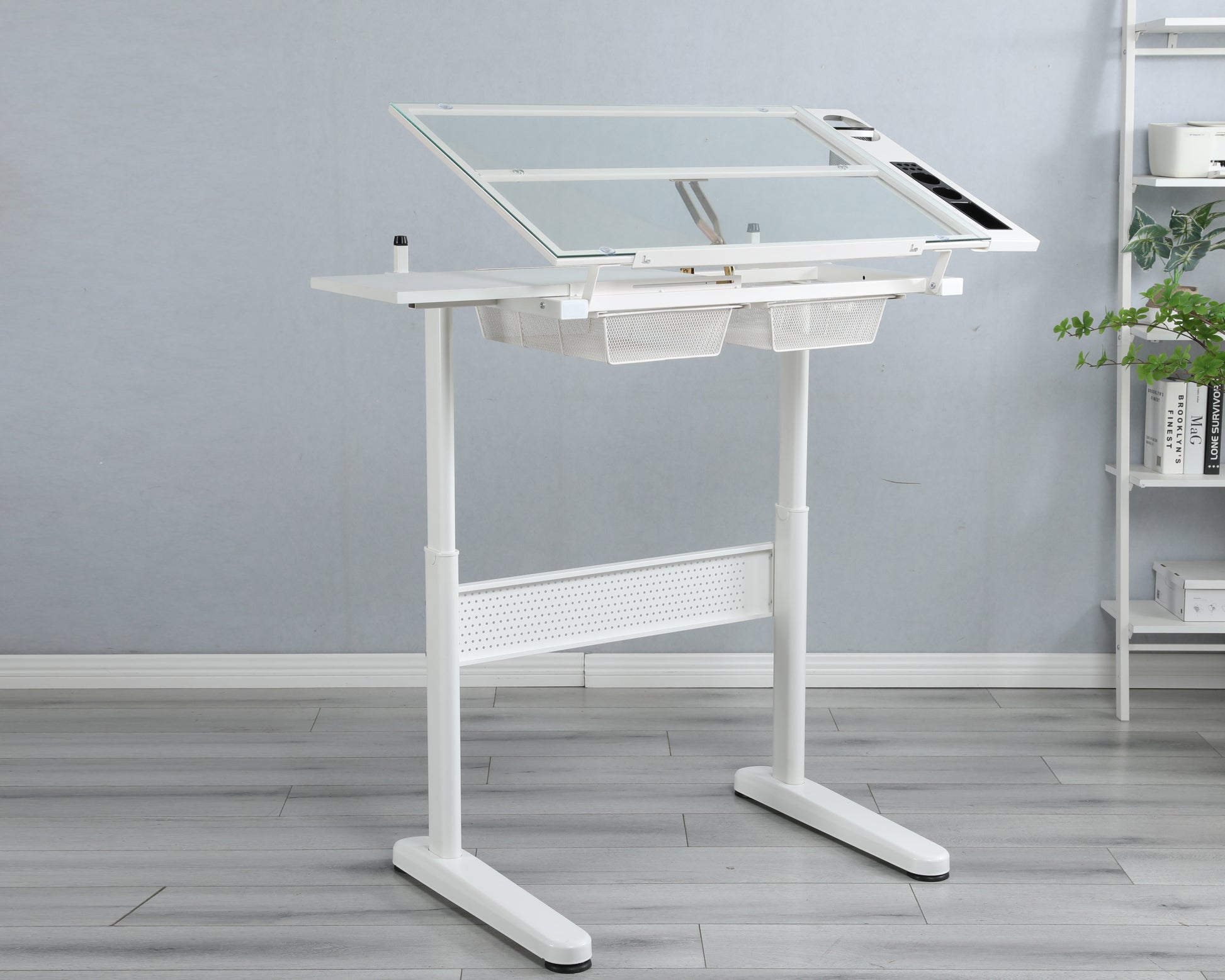 Hand Crank Adjustable Drafting Table Drawing Desk With 2 Metal Drawers White With Stool White Tempered Glass Sheet Metal Plastic