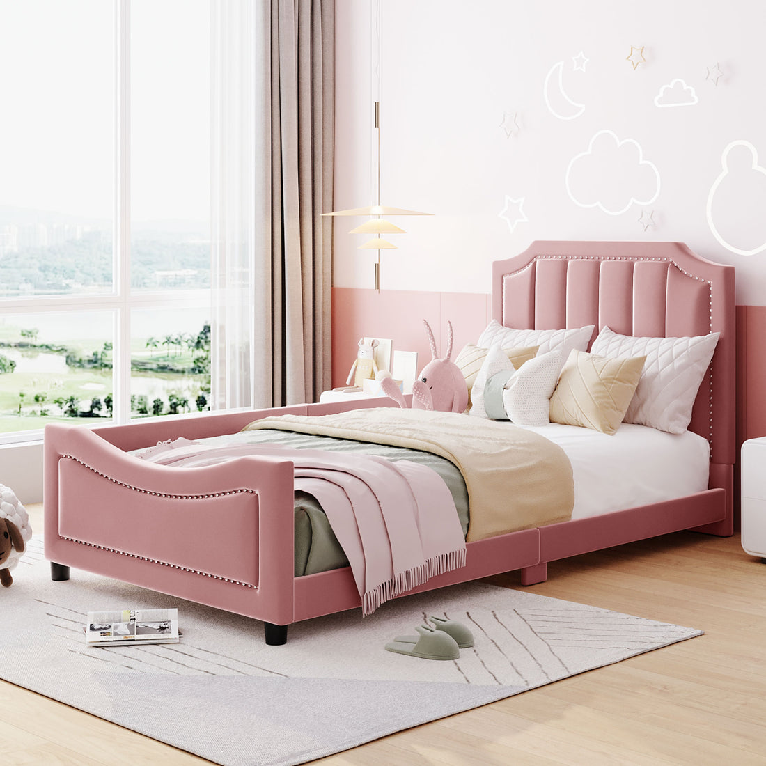 Twin Size Upholstered Daybed With Classic Stripe Shaped Headboard, Pink Pink Velvet