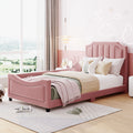 Twin Size Upholstered Daybed With Classic Stripe Shaped Headboard, Pink Pink Velvet