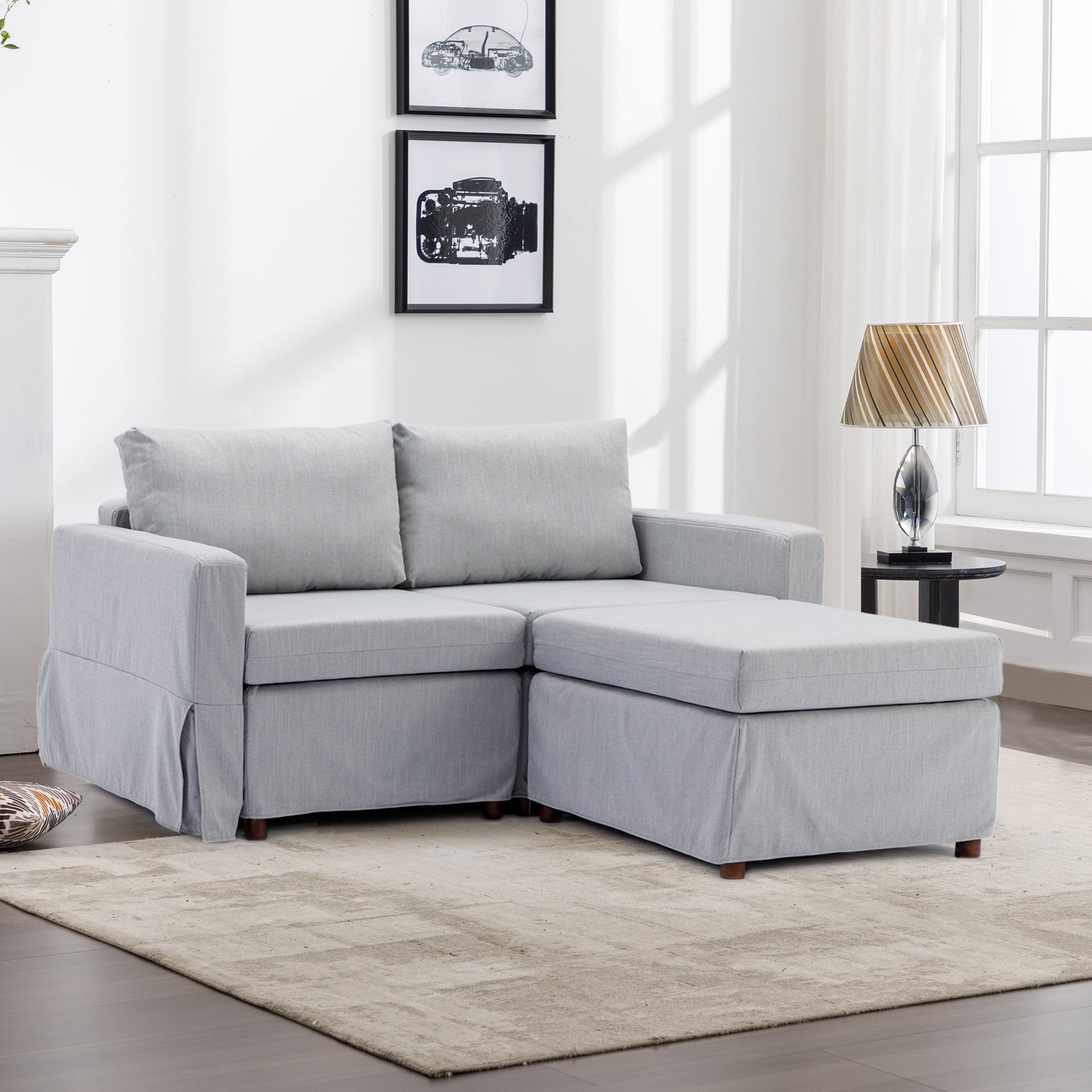 2 Seat Module Sectional Sofa Couch With 1 Ottoman,Seat Cushion And Back Cushion Removable And Washable,Light Grey Light Grey Wood Primary Living Space Soft Modern Rubberwood Foam Linen 2 Seat