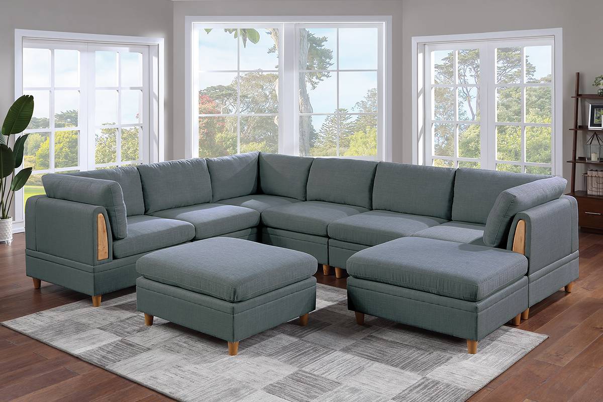 Living Room Furniture 8Pc Sectional Sofa Set Steel Dorris Fabric Couch 3X Wedges 3X Armless Chair And 2X Ottomans Steel Gray Primary Living Space Cushion Back Contemporary,Modern Modular Fabric 8 Seat