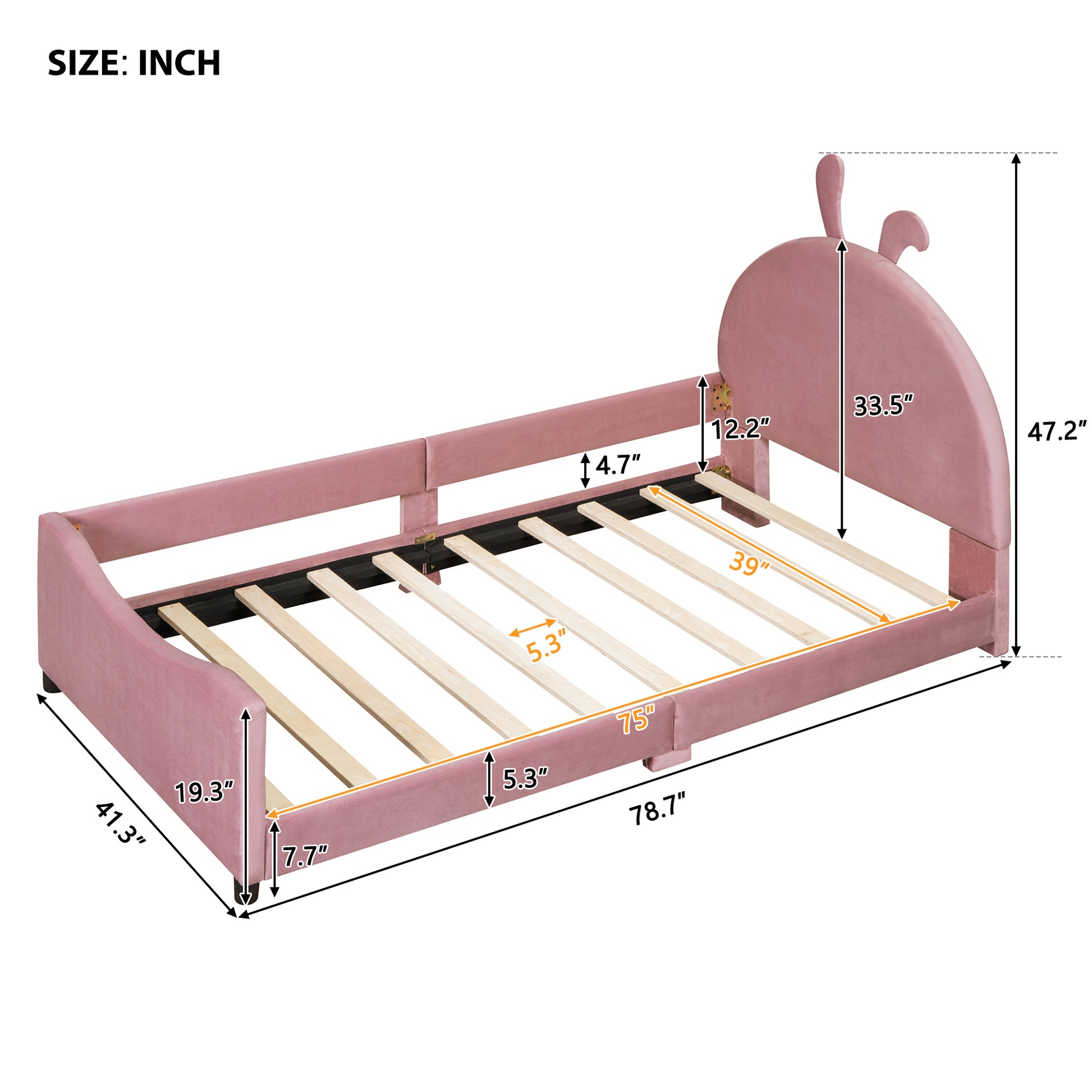 Twin Size Upholstered Daybed With Rabbit Ear Shaped Headboard, Pink Pink Velvet