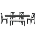 Farmhouse 82Inch 6 Piece Extendable Dining Table With Footrest, 4 Upholstered Dining Chairs And Dining Bench, Two 11