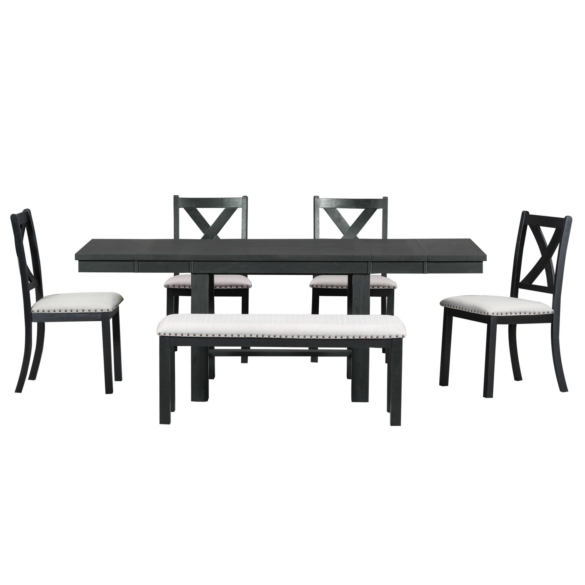 Farmhouse 82Inch 6 Piece Extendable Dining Table With Footrest, 4 Upholstered Dining Chairs And Dining Bench, Two 11"Removable Leaf, Black Beige Cushion Wood Dining Room Bench Seating Acacia