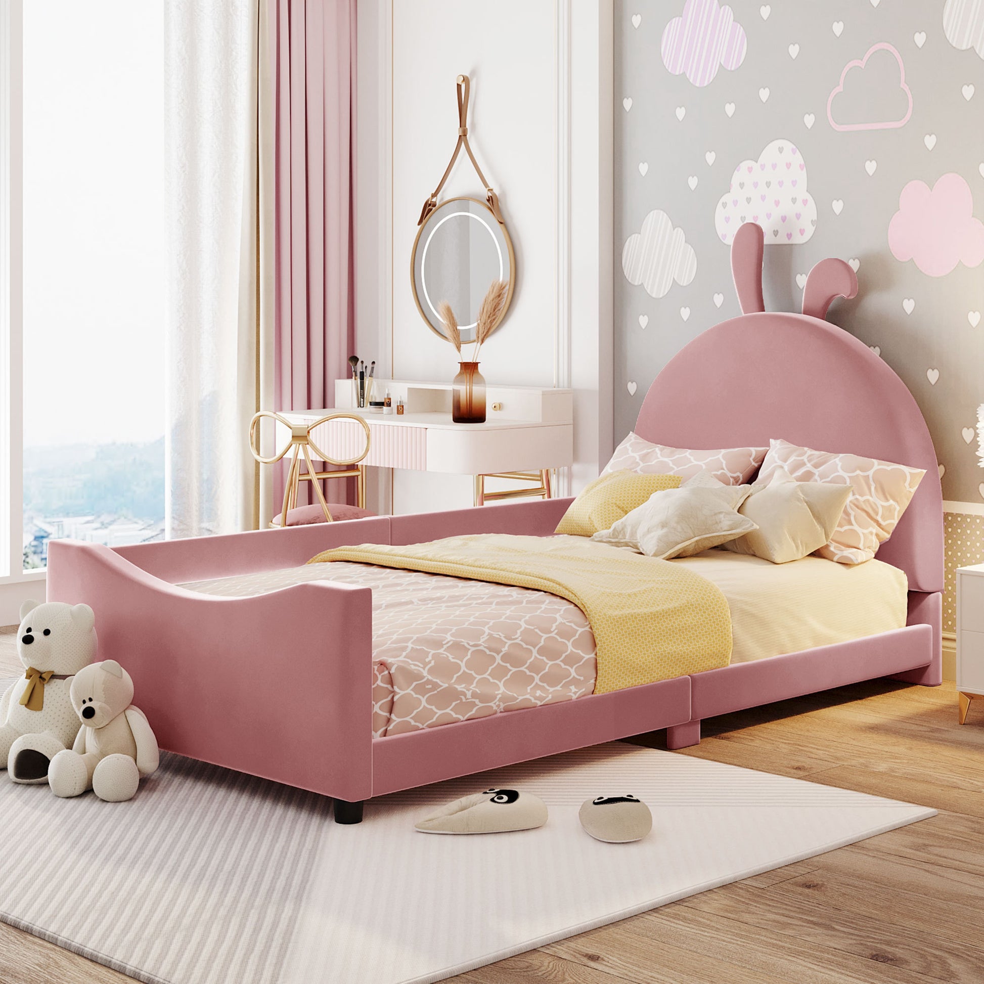 Twin Size Upholstered Daybed With Rabbit Ear Shaped Headboard, Pink Pink Velvet