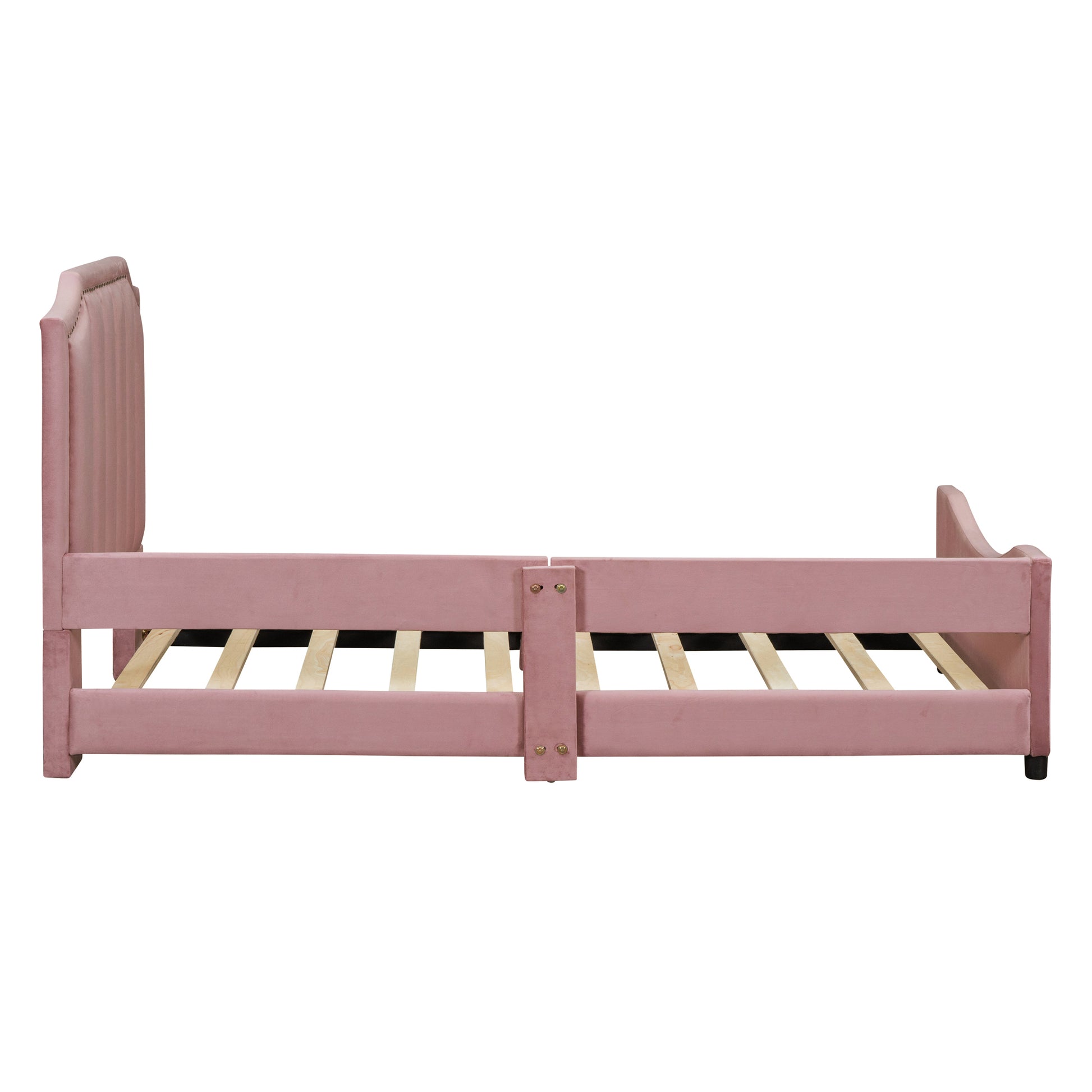 Twin Size Upholstered Daybed With Classic Stripe Shaped Headboard, Pink Pink Velvet