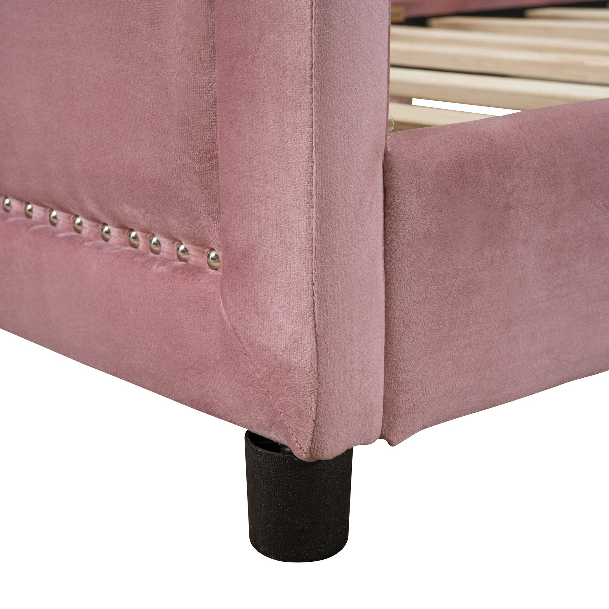 Twin Size Upholstered Daybed With Classic Stripe Shaped Headboard, Pink Pink Velvet