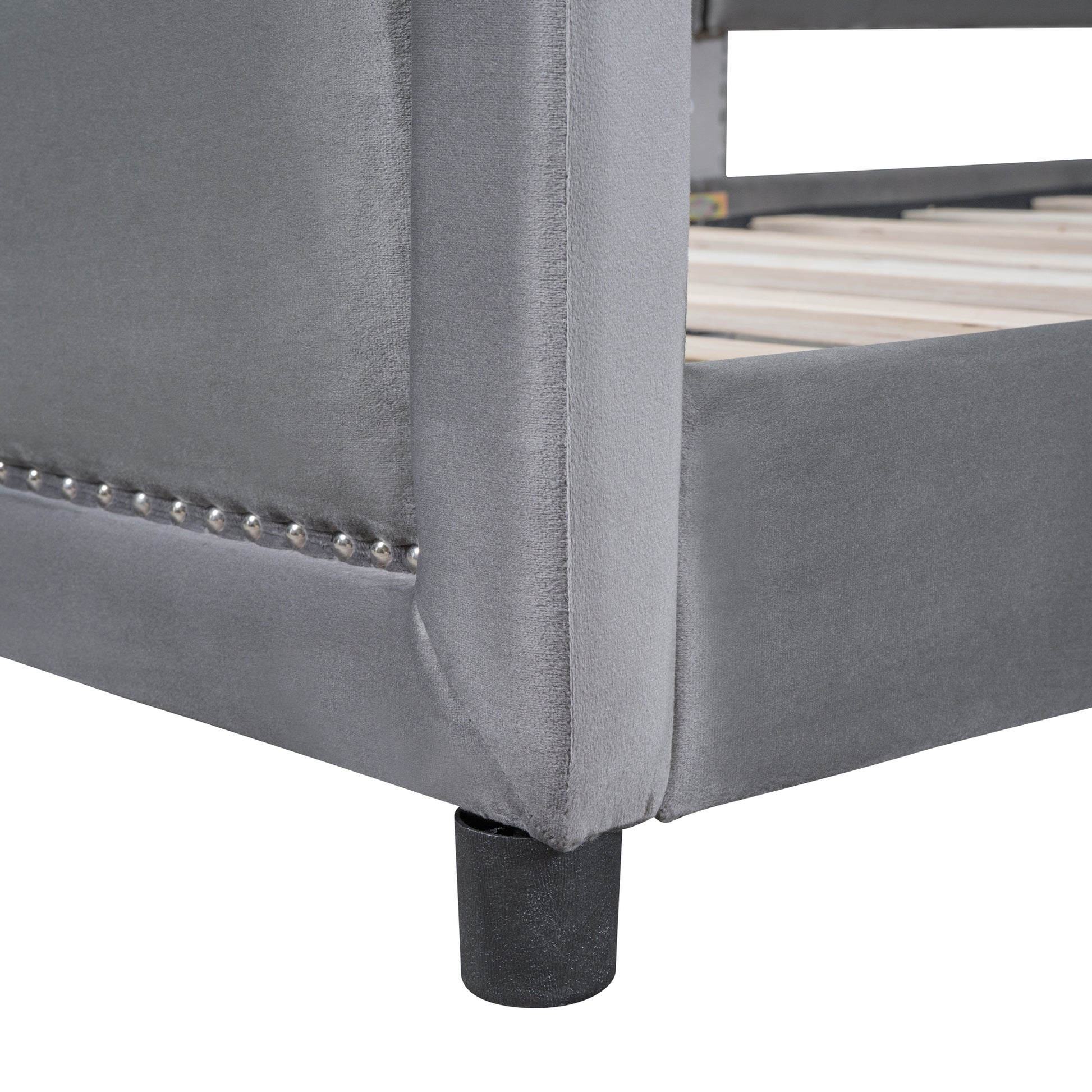 Twin Size Upholstered Daybed With Classic Stripe Shaped Headboard, Gray Gray Velvet